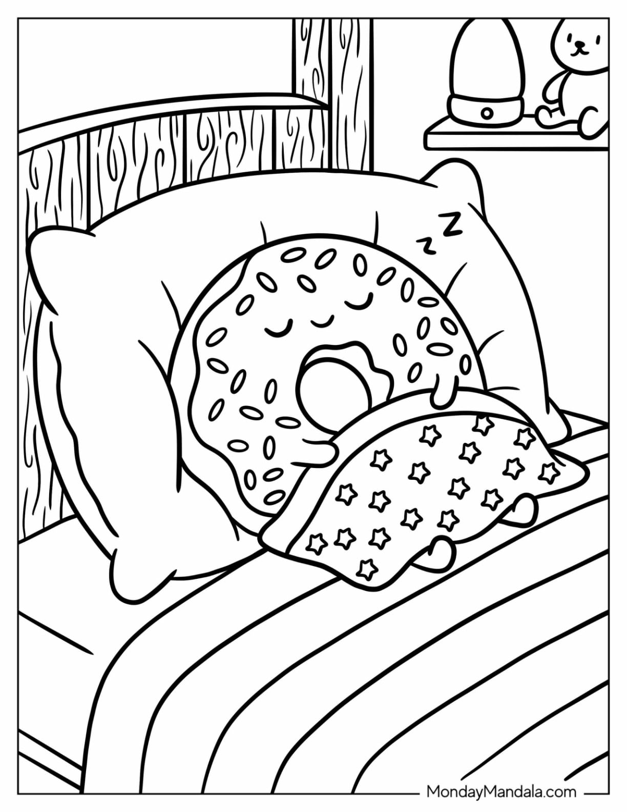 Sprinkled Donut Sleeping Under a Starry Blanket Coloring Page for Kids