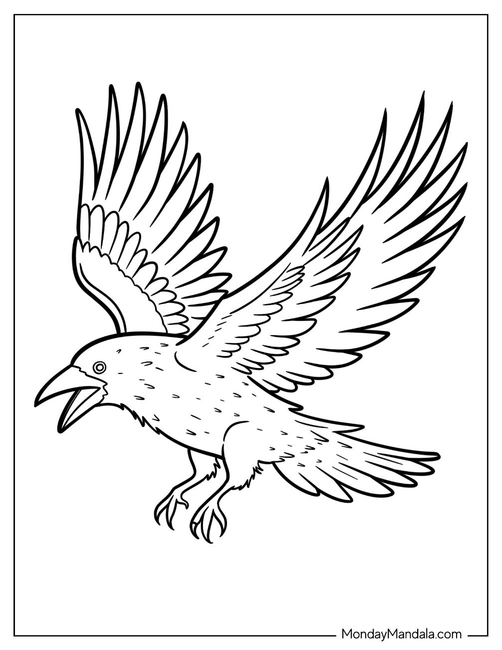 Squawking Raven Coloring Page With Wings Spread Wide