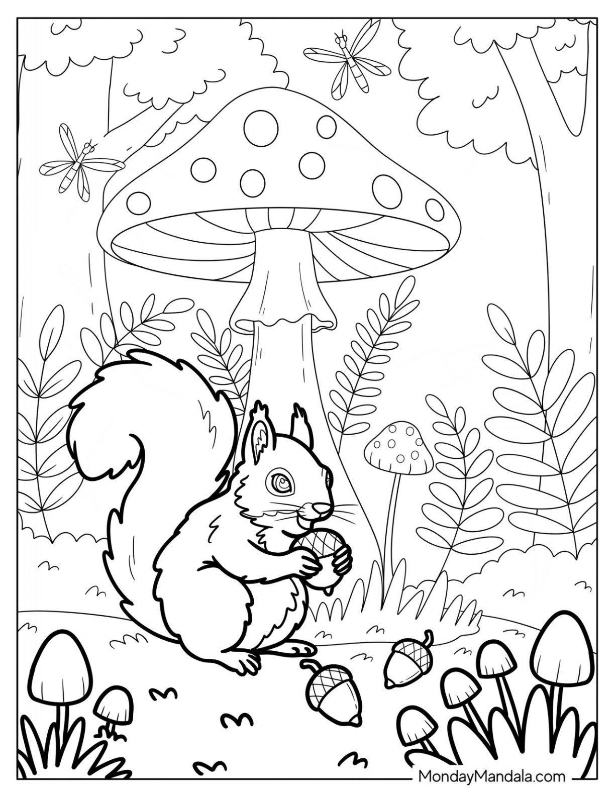 Squirrel Coloring Page Gathering Acorns Beneath Giant Forest Mushroom