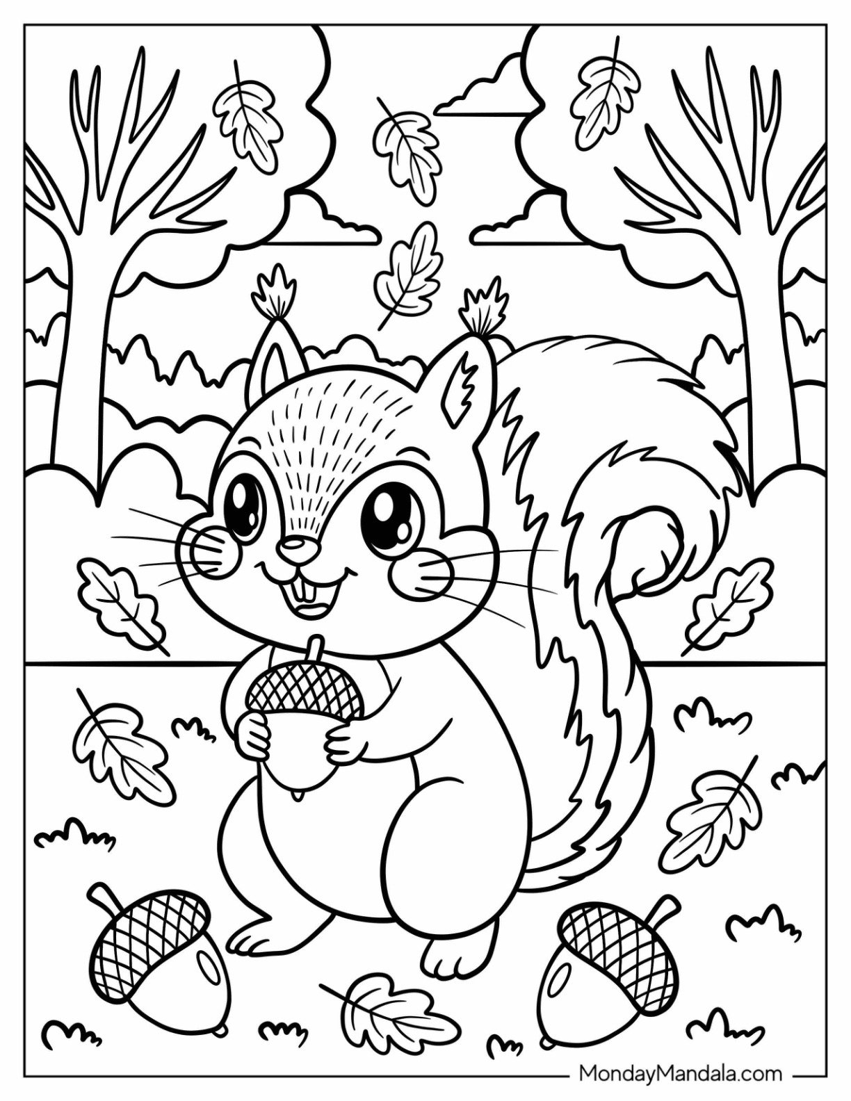 Squirrel Gathering Acorns in a Leafy Forest Coloring Page for Kids