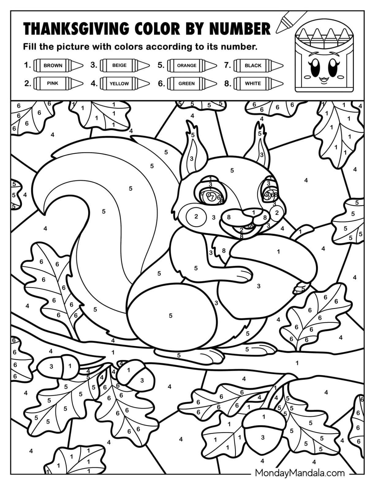 Squirrel Hugging Acorn Thanksgiving Color by Number