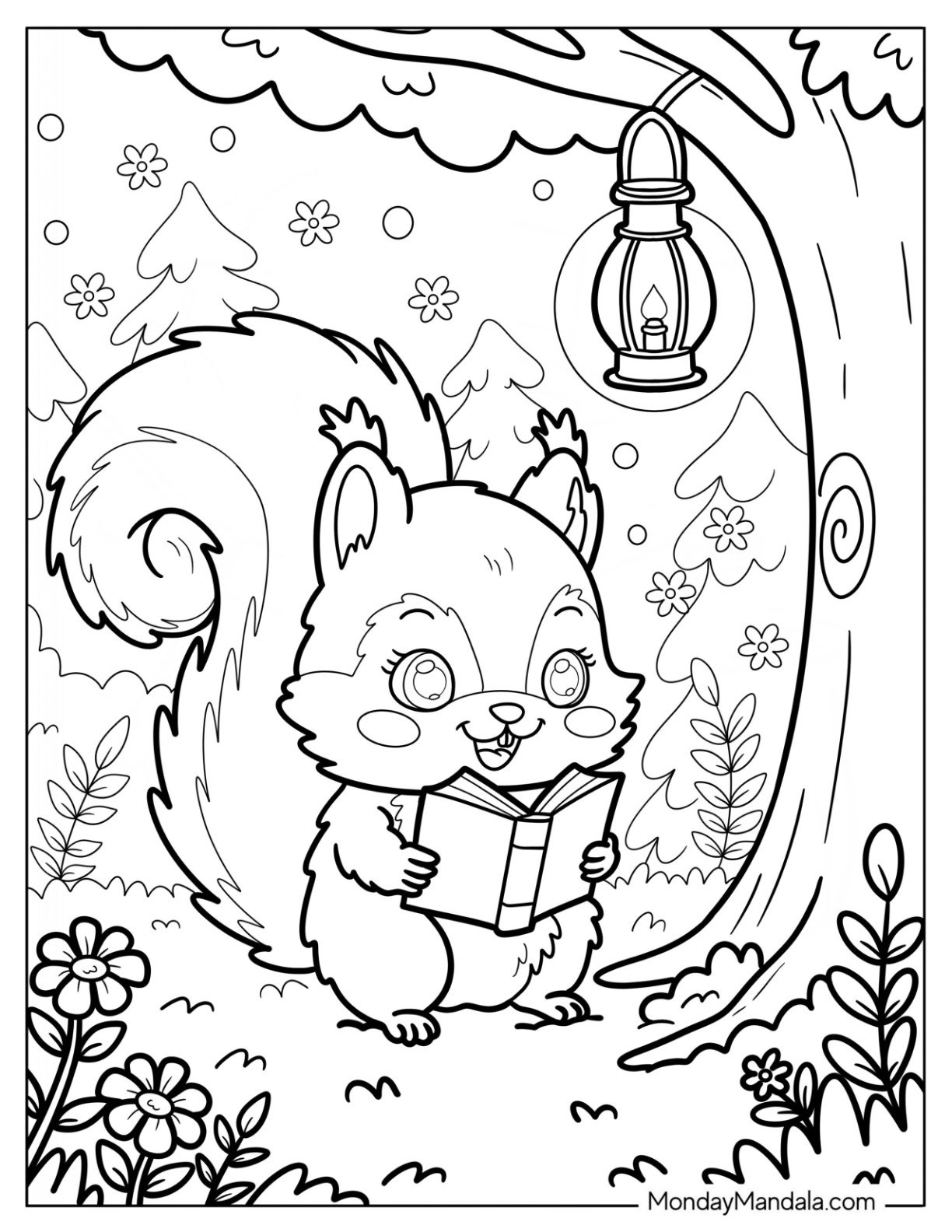 Squirrel Coloring Page Reading by Lantern Light in the Forest