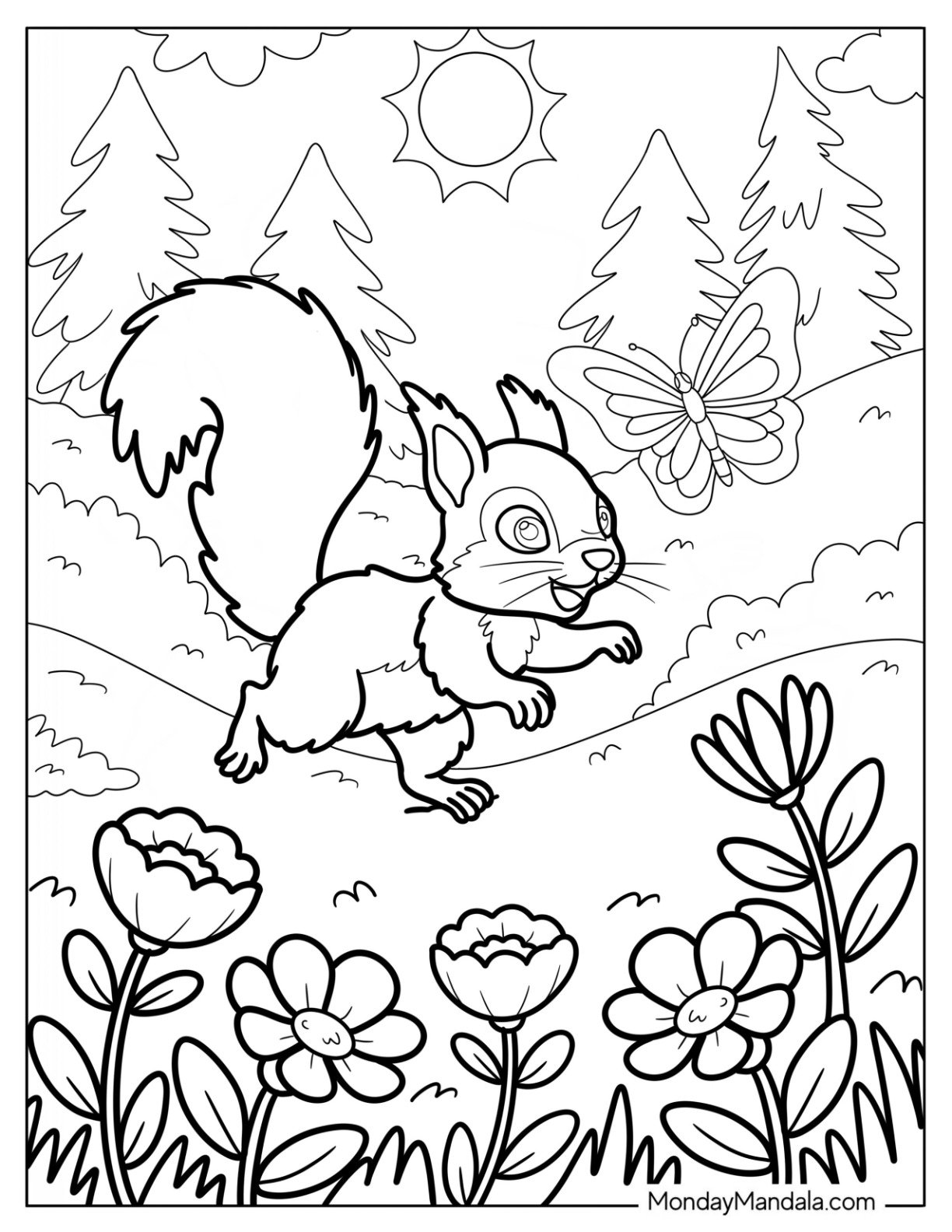 Squirrel Coloring Page Running Through Meadow with Flowers and Butterfly