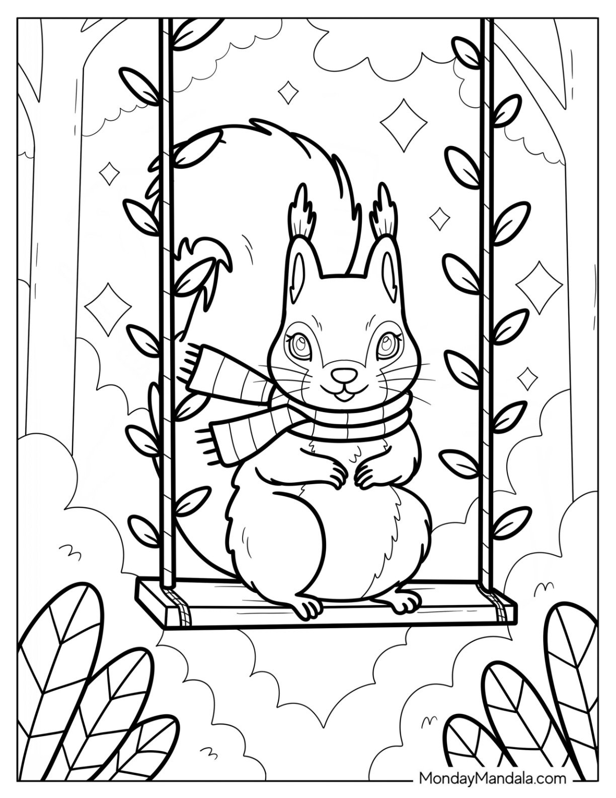 Squirrel Coloring Page Sitting on Garden Swing with Scarf