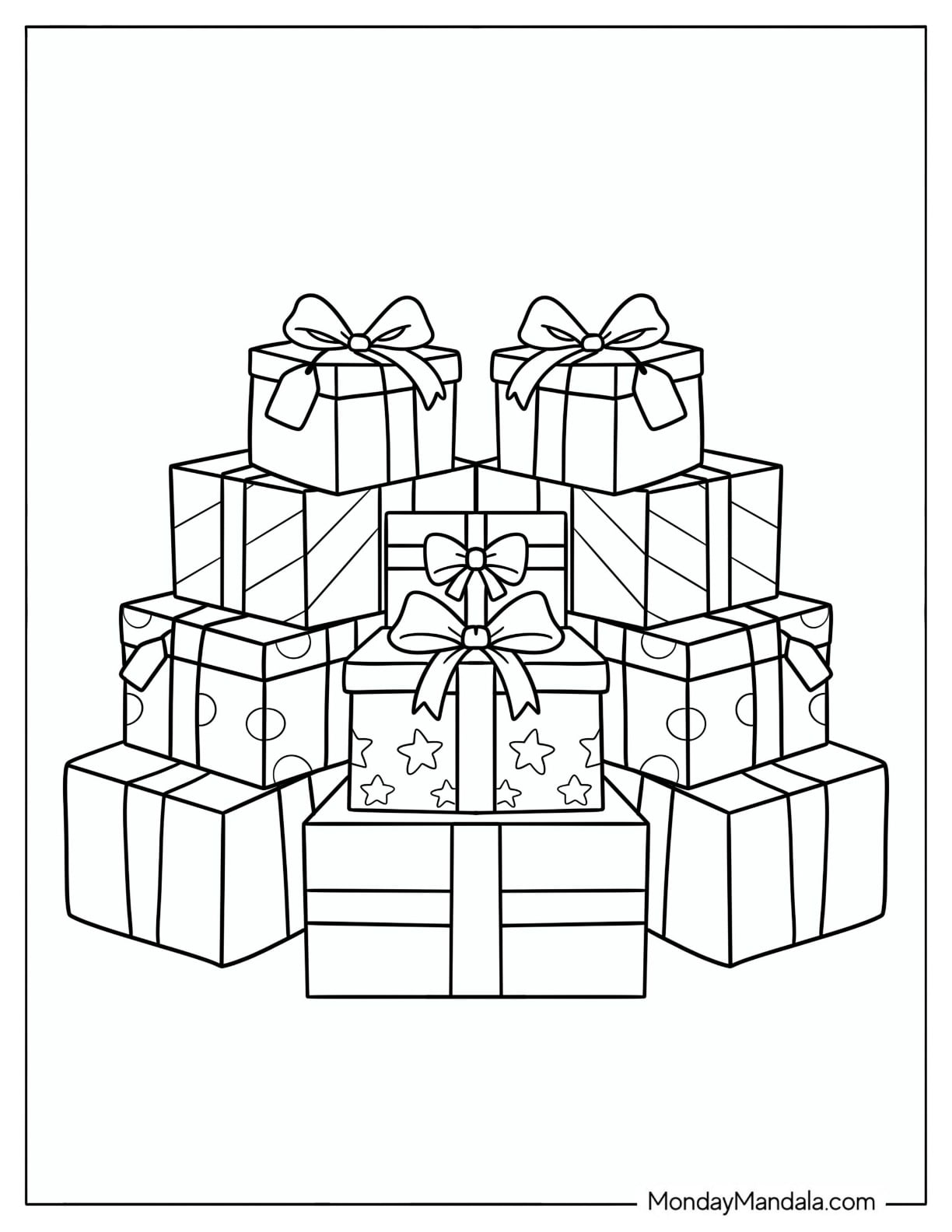 Stacked Christmas Presents with Bows and Ribbons Coloring Sheet