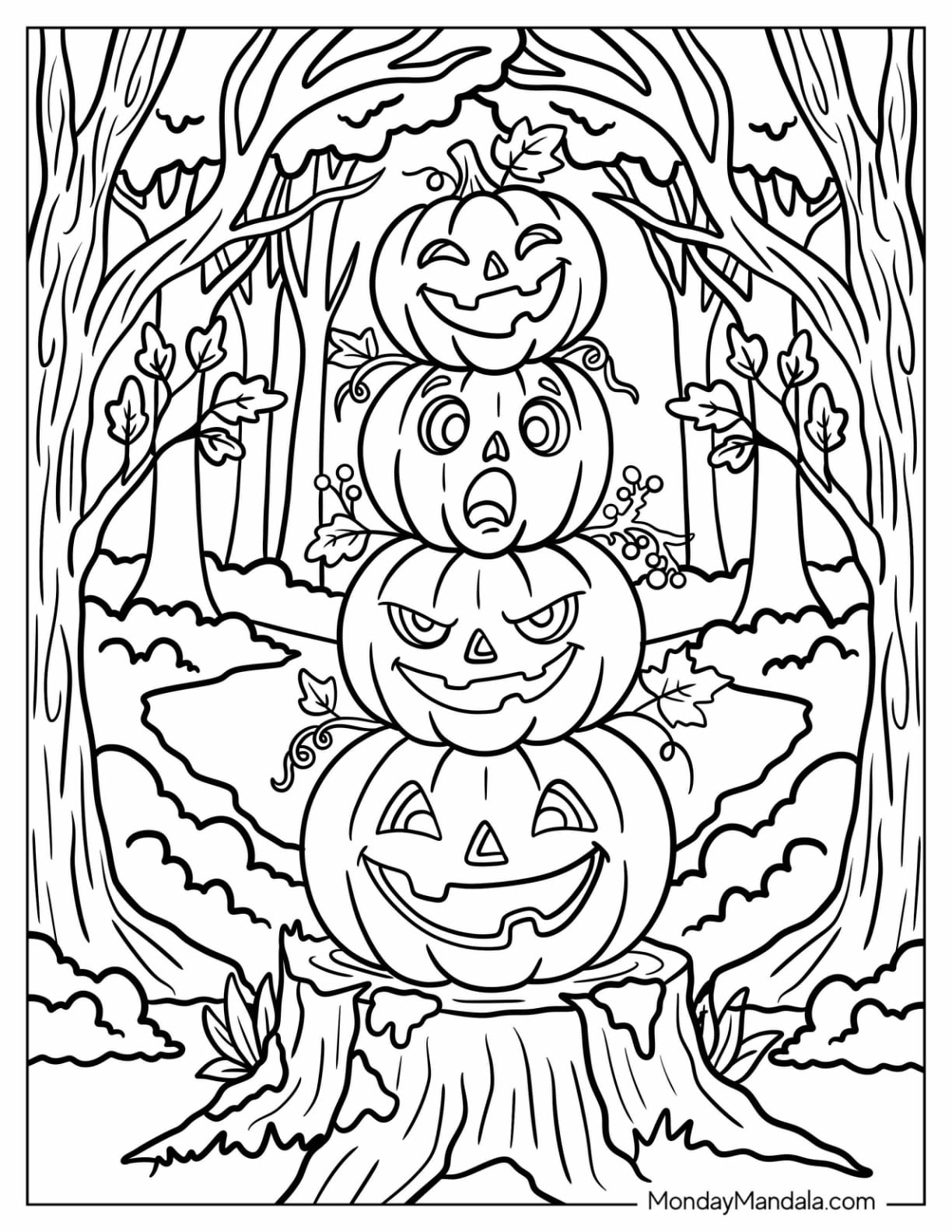 Stacked Jack O’ Lanterns with Different Expressions in a Forest Coloring Sheet