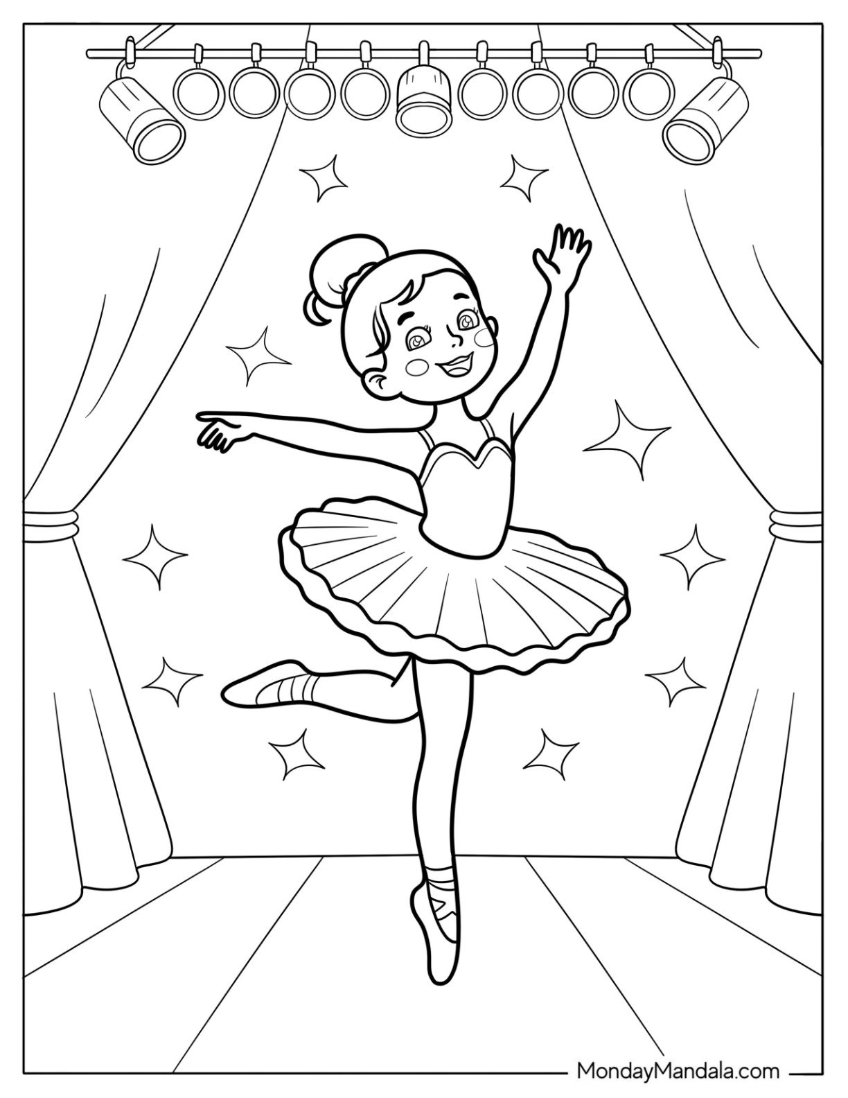Stage Performance With Ballerina Coloring Page in Tutu and Lighting Rig