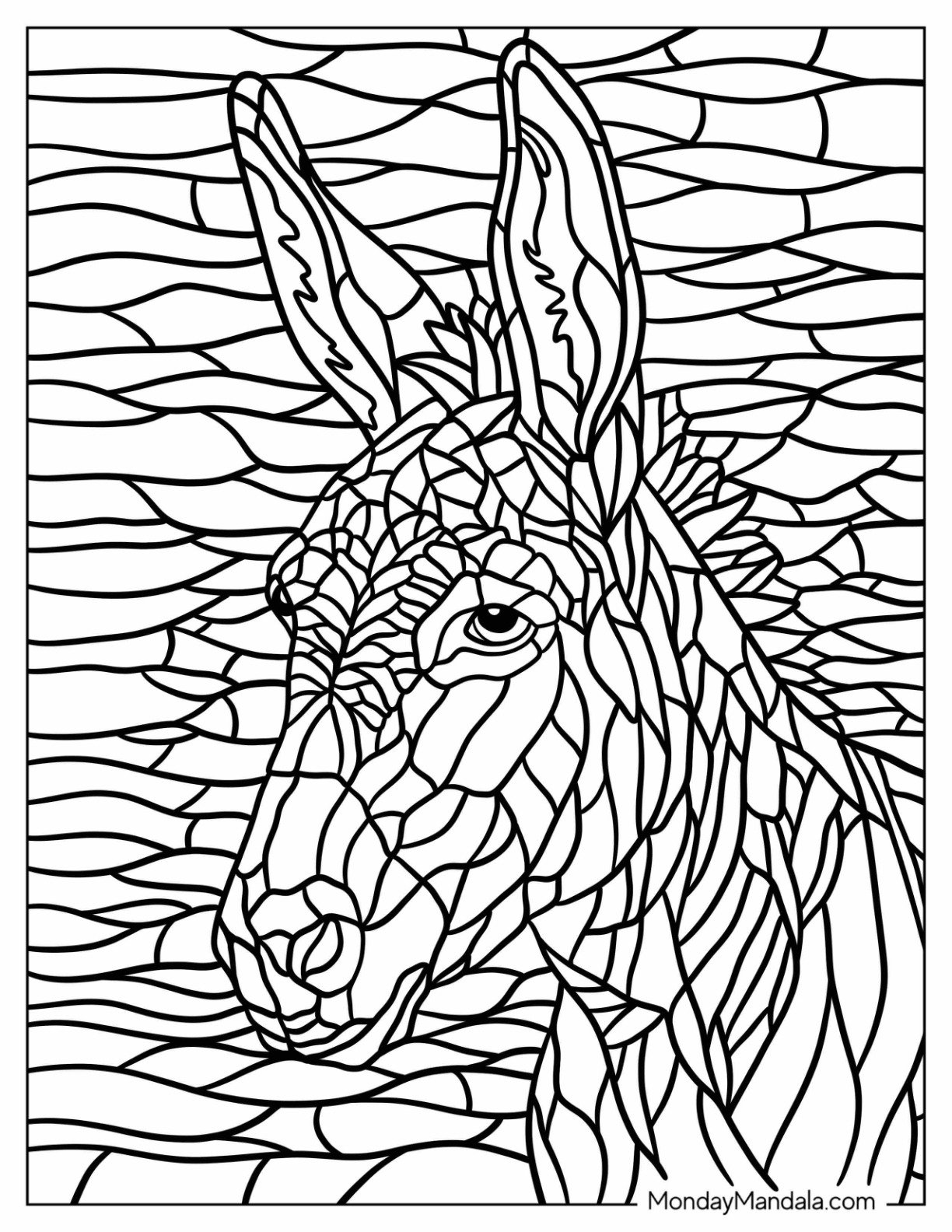 Stained Glass Donkey Coloring Page with Long Ears and Gentle Eyes for Adults