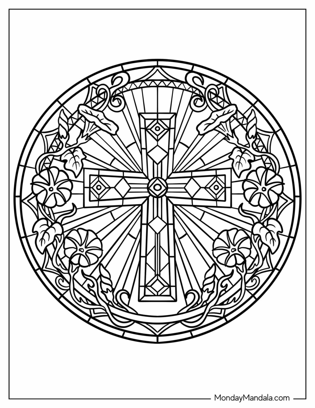 Stained Glass Easter Mandala Coloring Page of Cross Mandala with Floral Vines