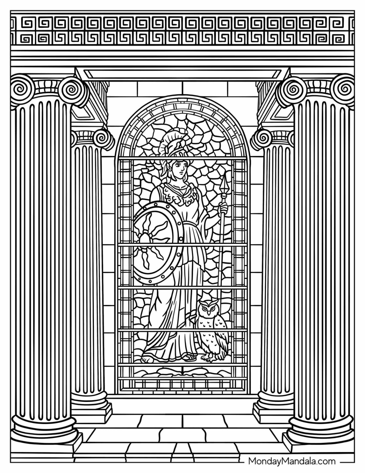 Stained Glass Coloring Page of Window of Athena with Shield and Owl