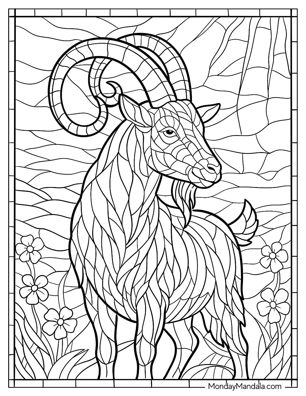 Stained Glass Window of Proud Goat Coloring Page with Curved Horns