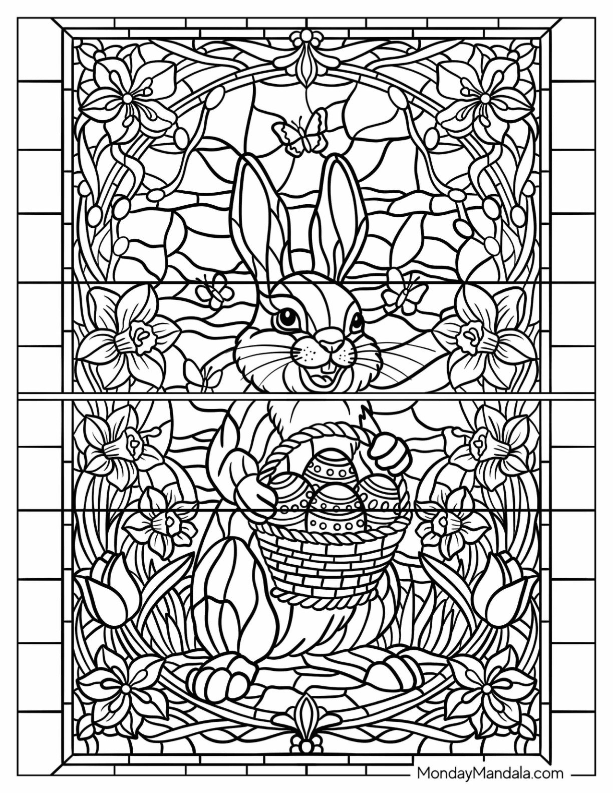Stained Glass of Easter Bunny Coloring Page Holding Egg Basket with Flowers
