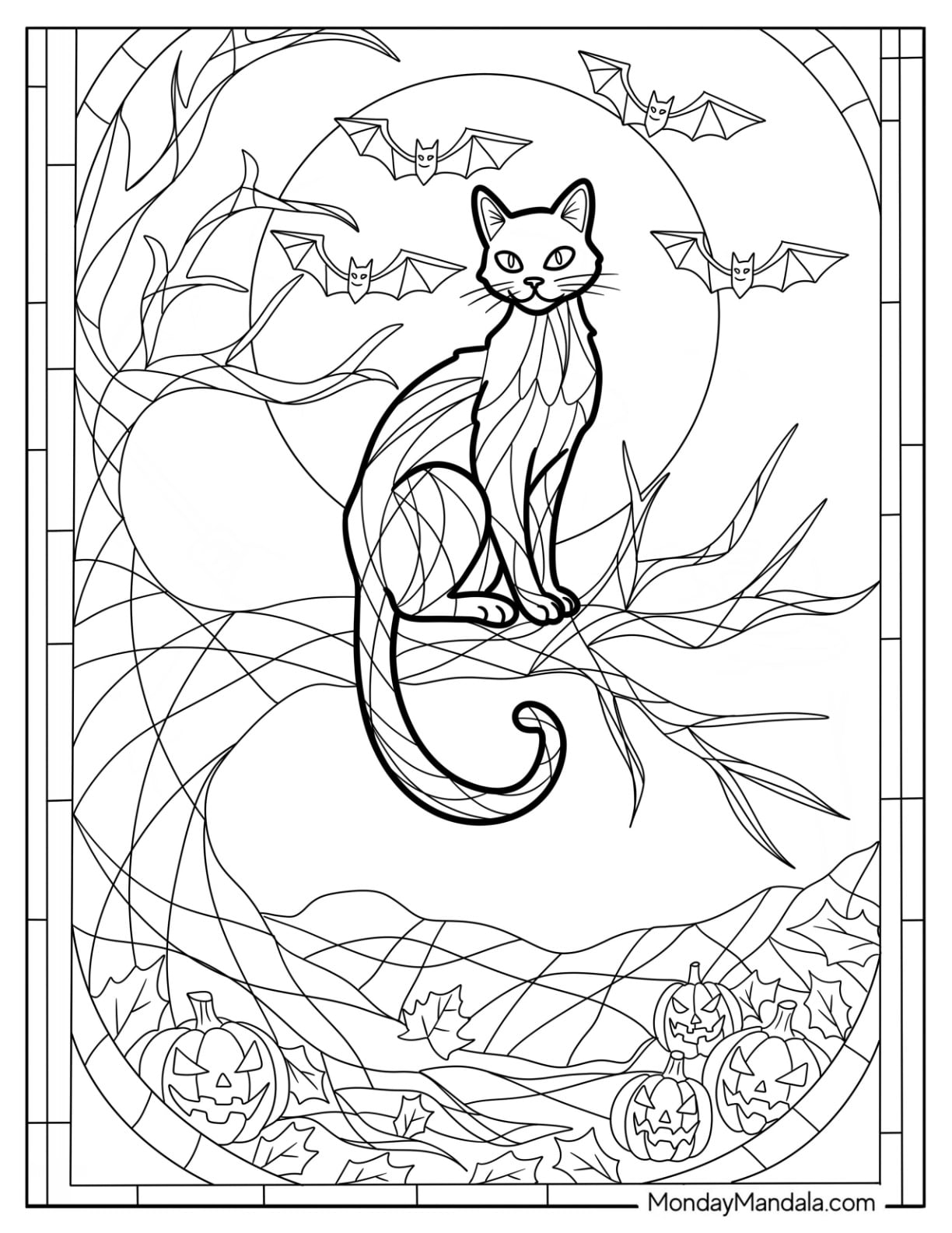 Stained Glass of Halloween Cat Coloring Page Perched on a Tree with Bats and Full Moon in the Sky