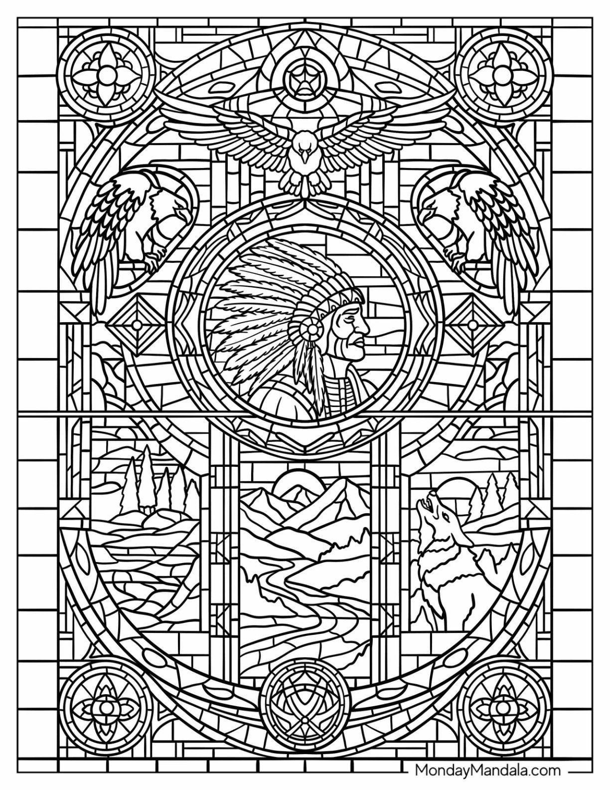 Stained Glass of Native American Coloring Page of Chief in Feather Headdress Surrounded by Animals and Mountains