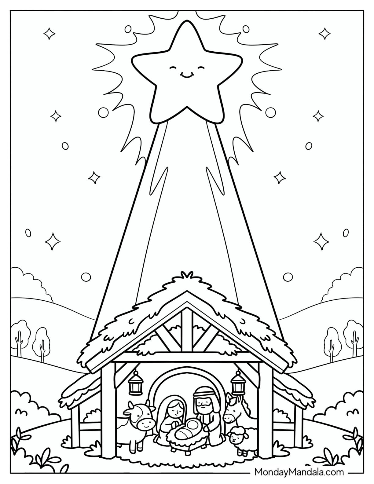 Star Beaming Above The Manger on Christian Christmas Coloring Page