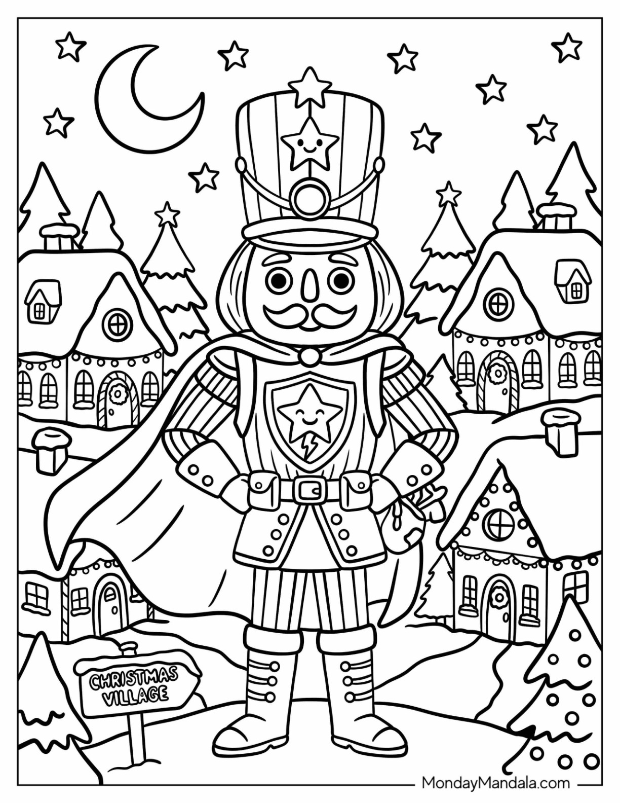Star Themed Nutcracker Guarding a Snowy Christmas Village Coloring Sheet