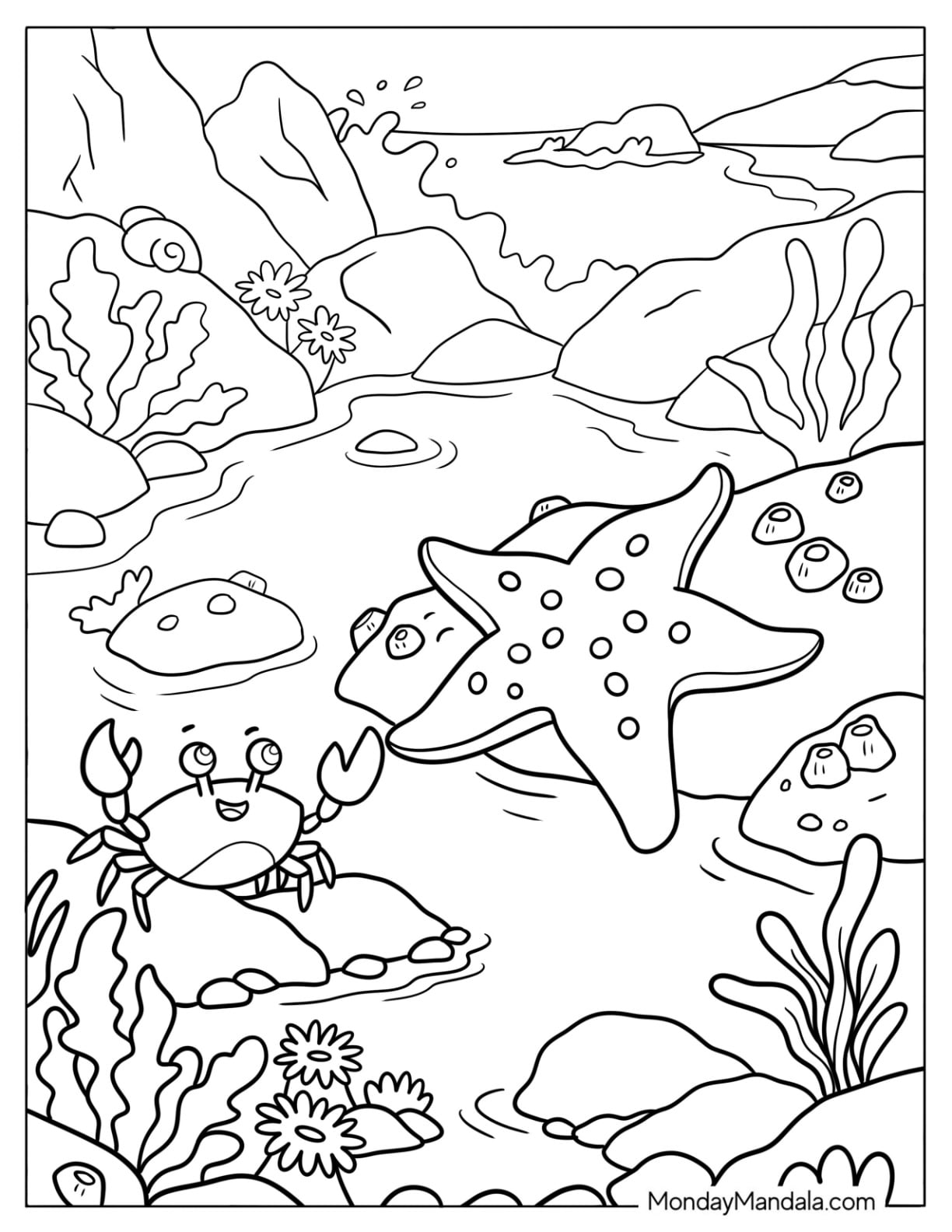 Starfish Resting on the Shore across a Crab Coloring Page