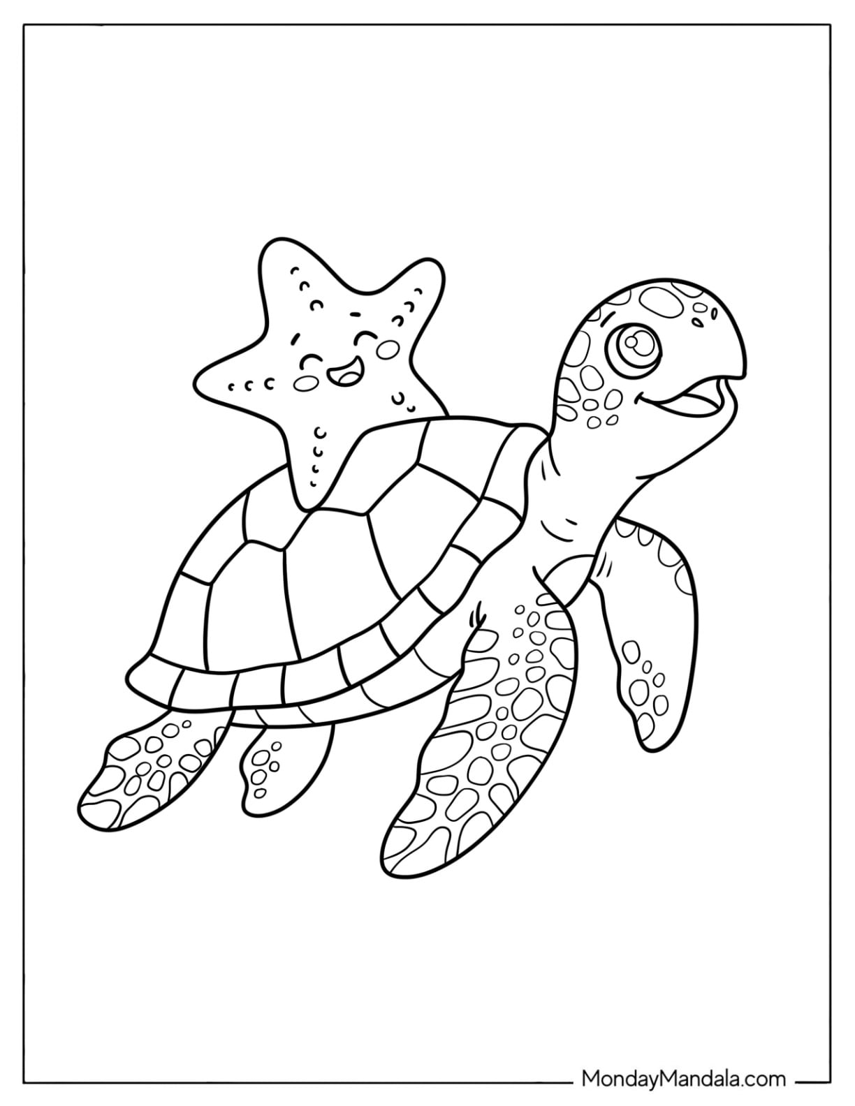 Starfish Riding on a Turtle s Back Coloring Page for Kids