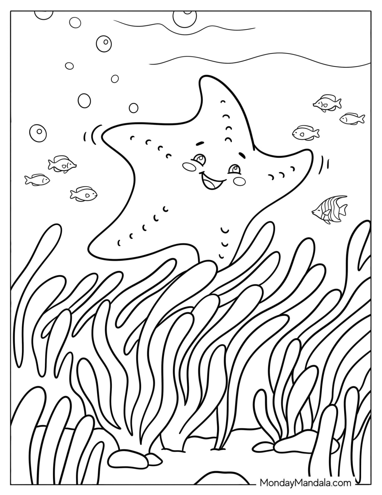 Starfish Swimming Above Seaweed Coloring Sheet for Kids