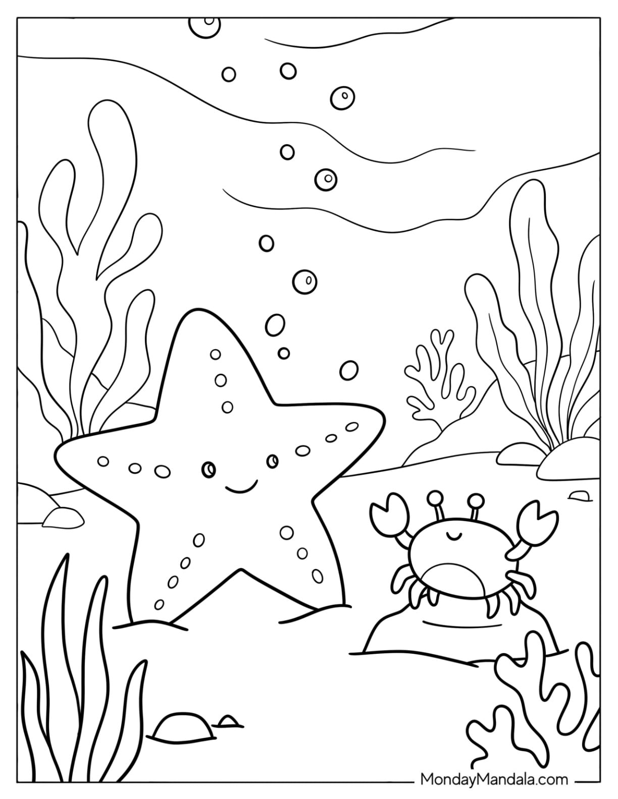 Starfish and Crab Friends Underwater Coloring Page