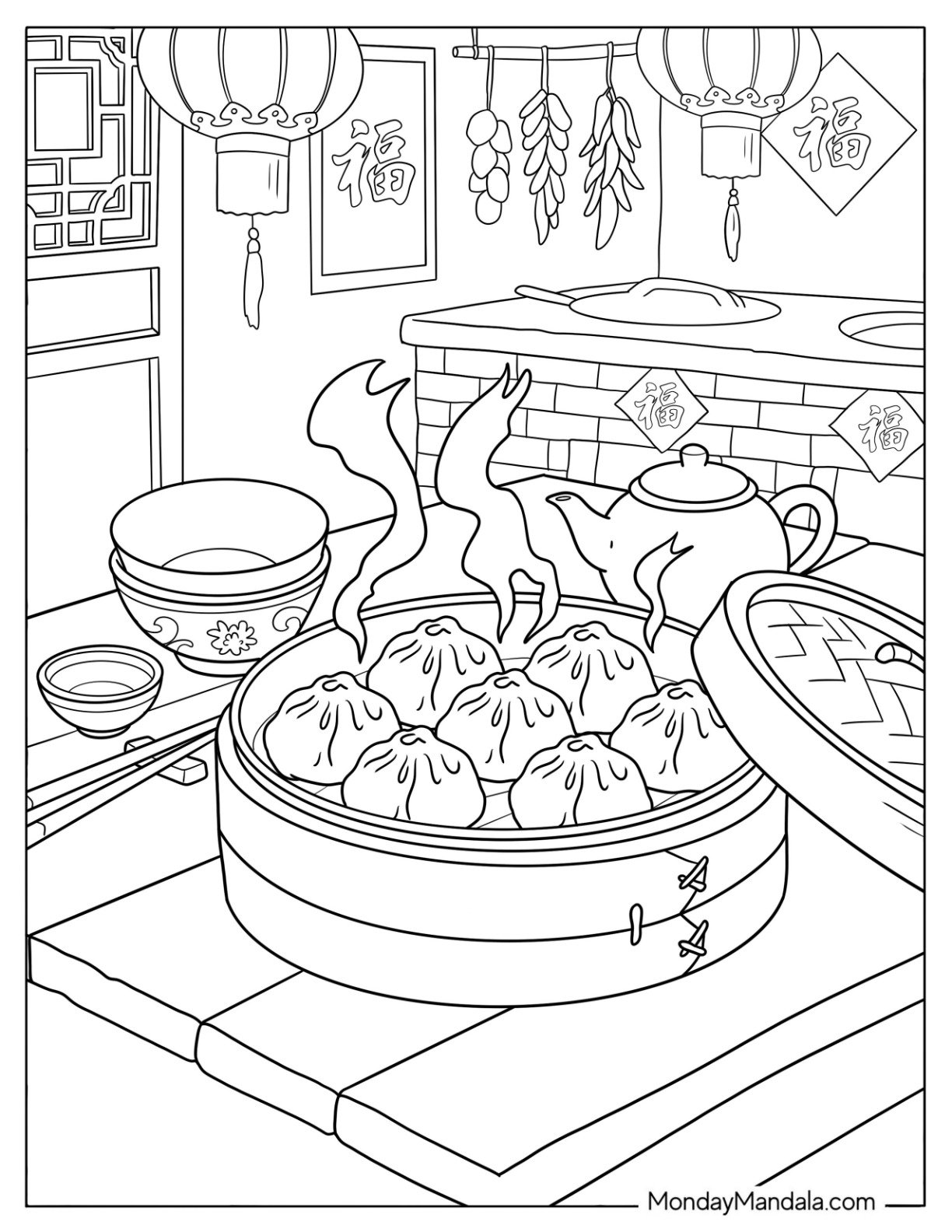 Chinese New Year Coloring Page of Steamed Buns in a Traditional Chinese Kitchen