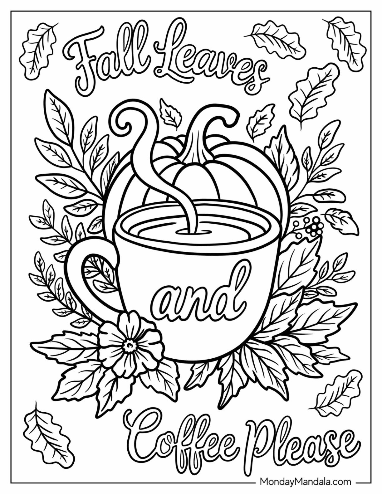 Autumn & Fall Coloring Page for Adults of Steaming Coffee Cup Surrounded by Pumpkin and Autumn Leaves