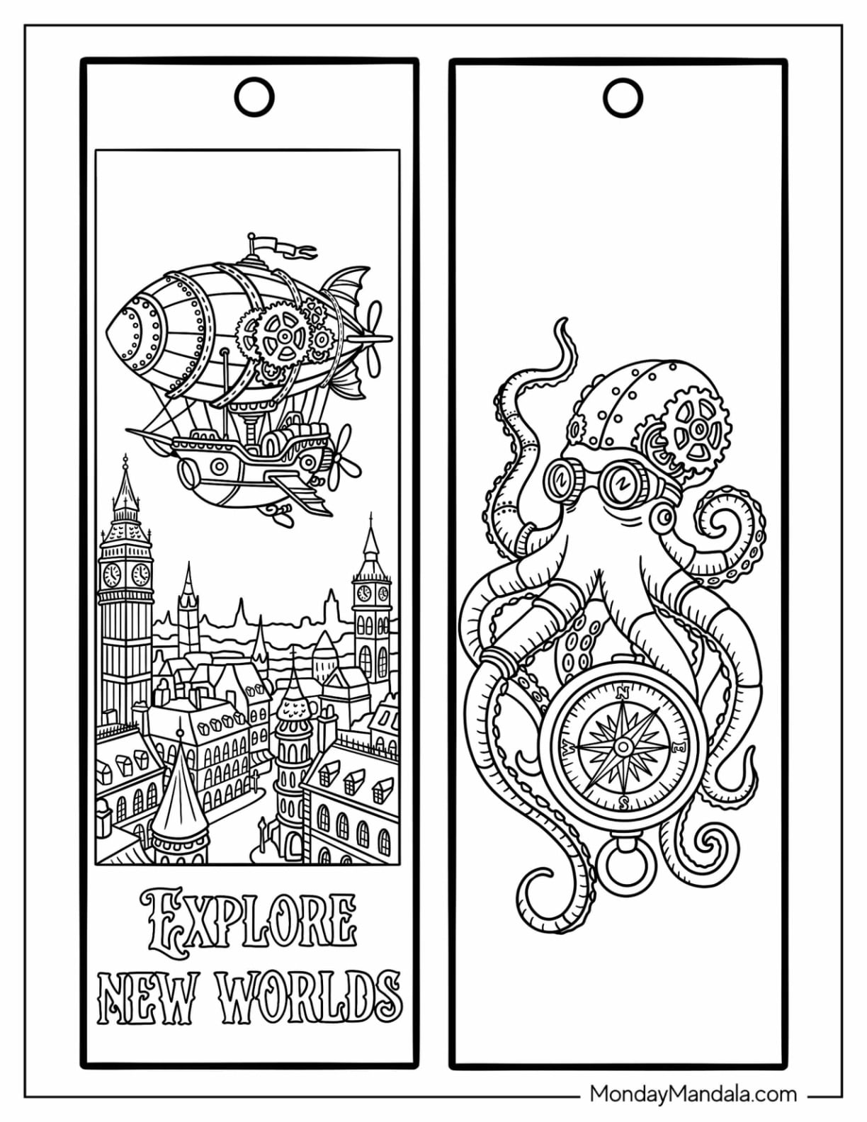 Steampunk Airship Over City and Mechanical Octopus Bookmark Coloring Page