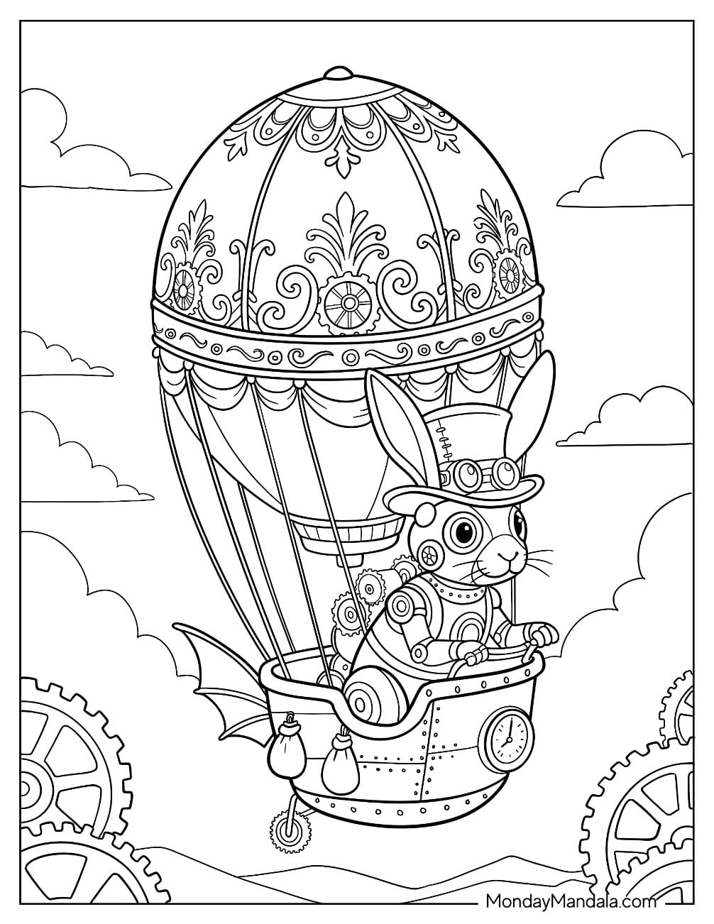 Easter For Adults Coloring Page of Steampunk Easter Rabbit in Hot Air Balloon