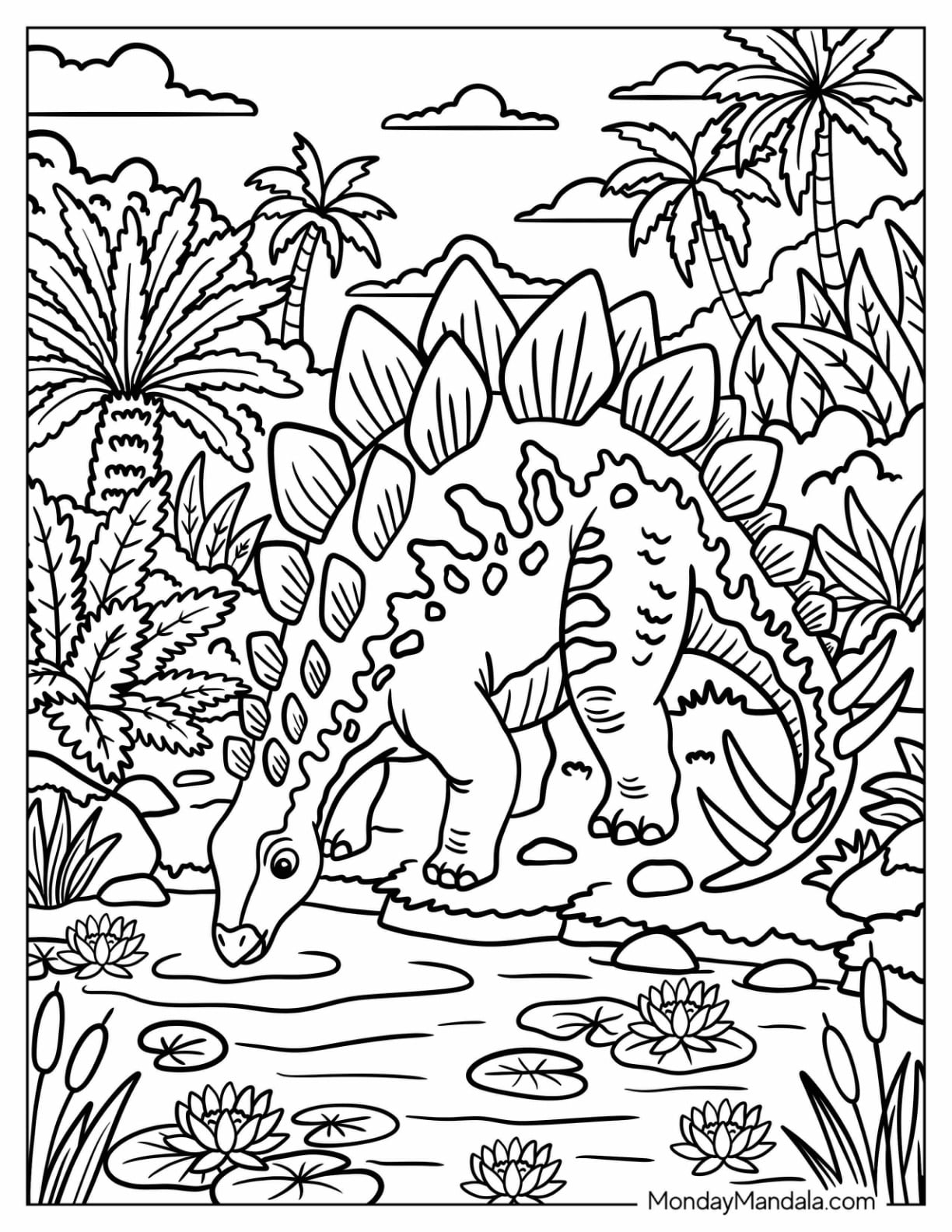Stegosaurus Drinking from a Pond with Water Lilies Coloring Sheet