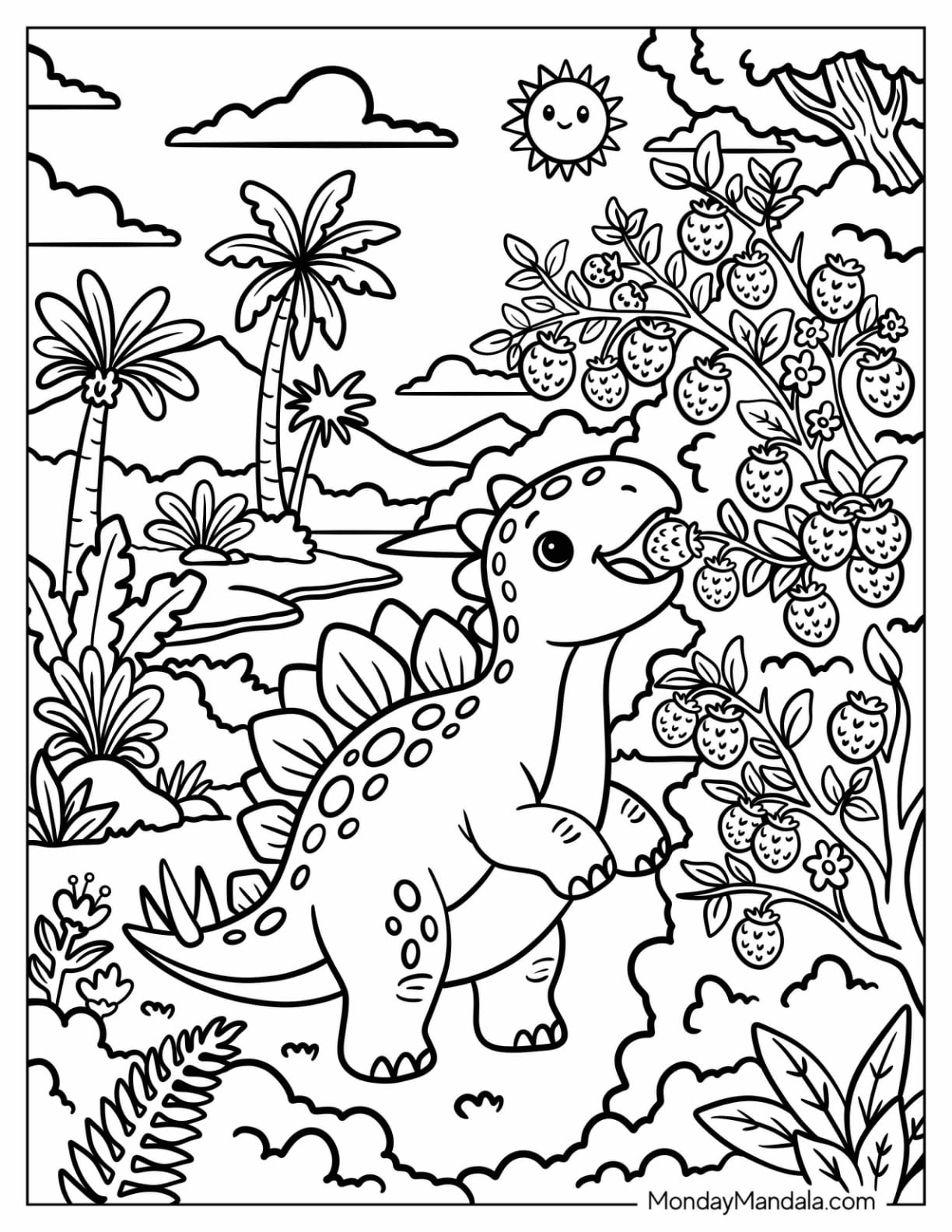 Stegosaurus Eating Strawberries from a Berry Bush Coloring Page for Kids