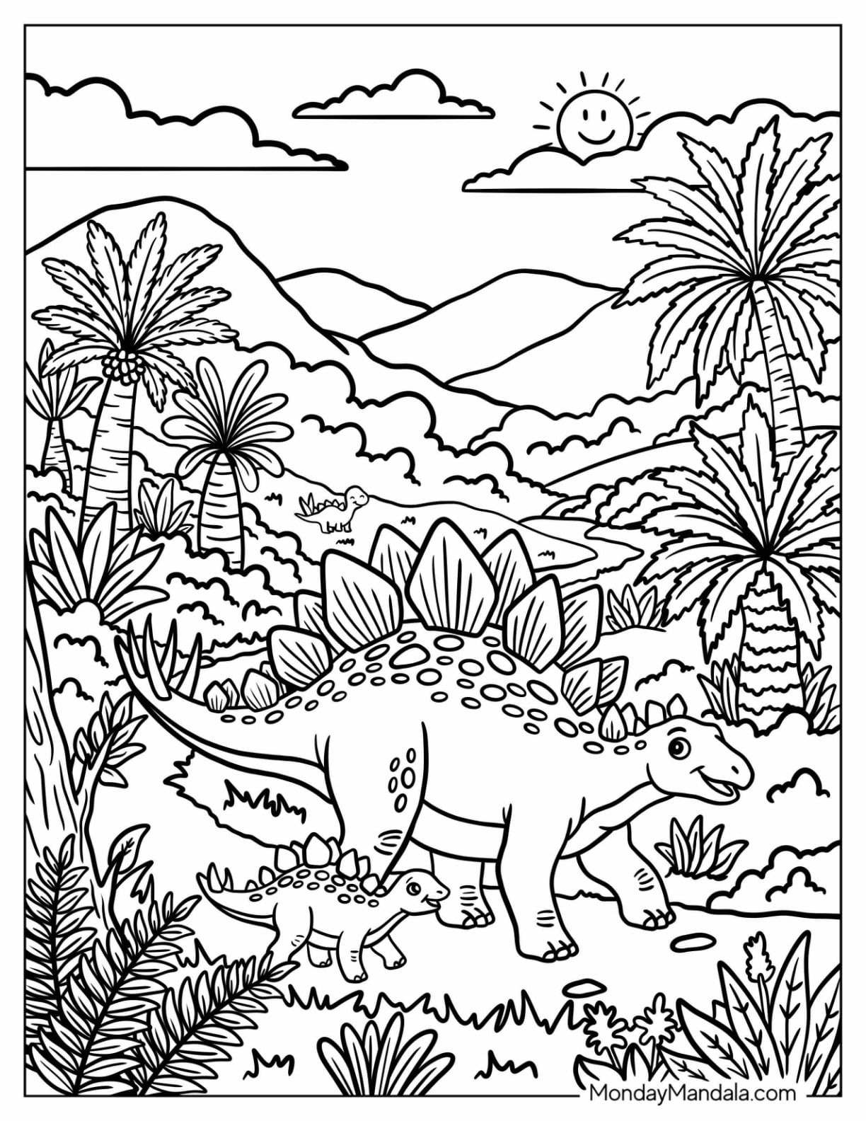 Stegosaurus Family with Baby Dinosaur in a Tropical Jungle Coloring Page for Kids