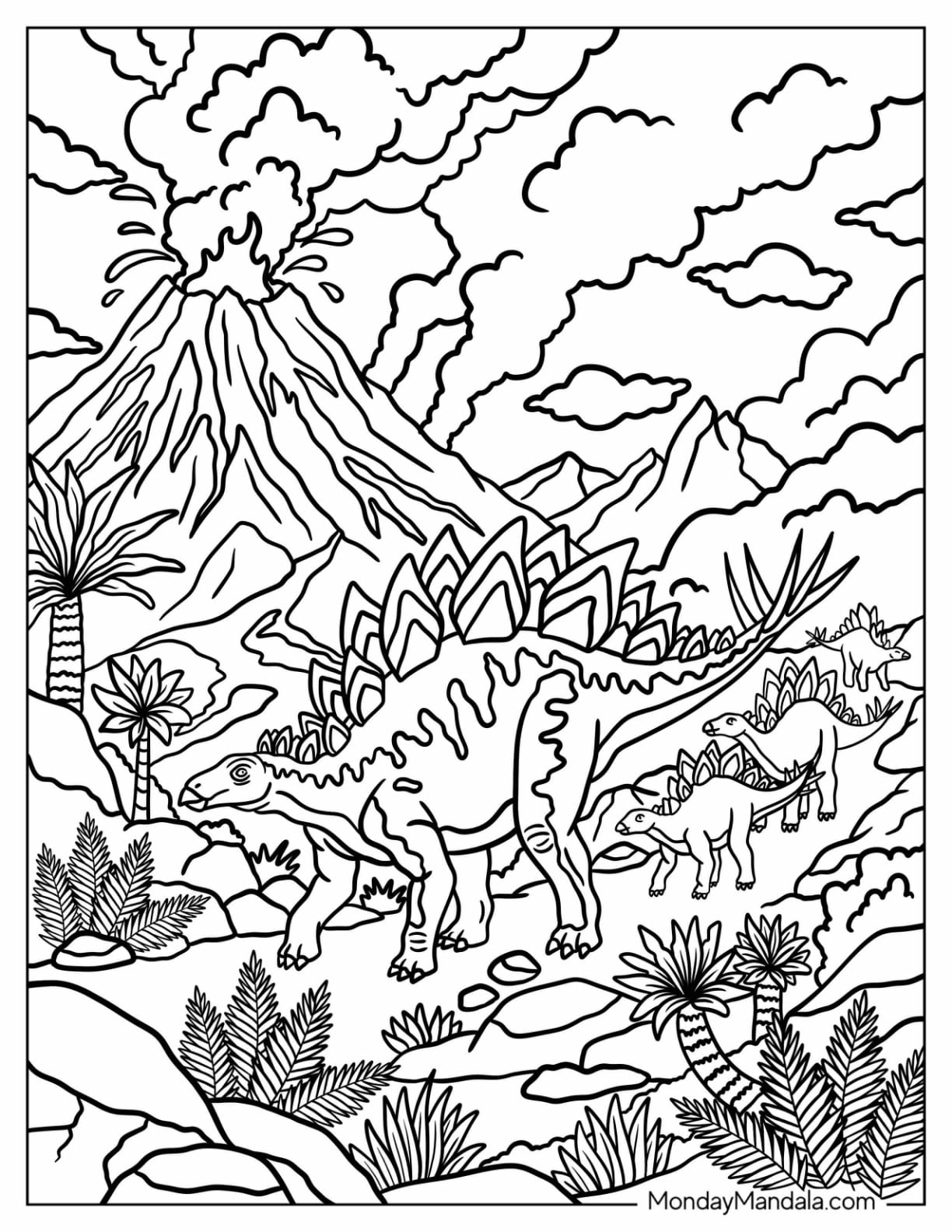 Stegosaurus Herd Near a Volcano Coloring Page