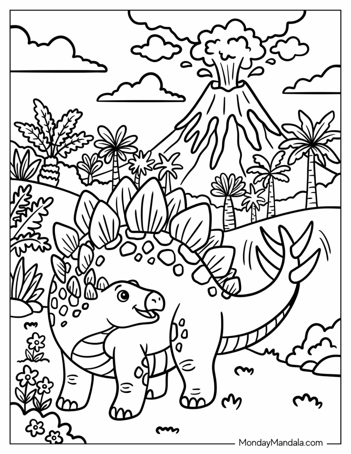 Stegosaurus Near an Erupting Volcano Coloring Sheet