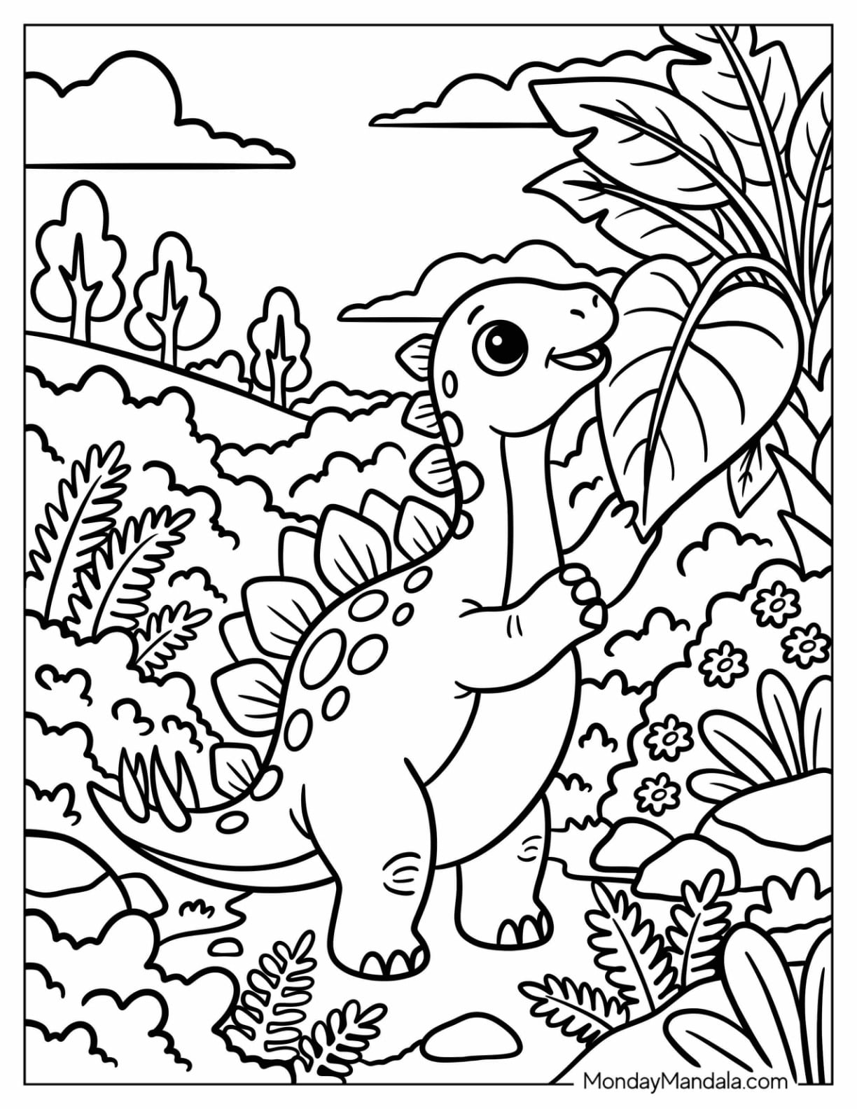 Stegosaurus Reaching for Leaves in a Tropical Garden Coloring Page