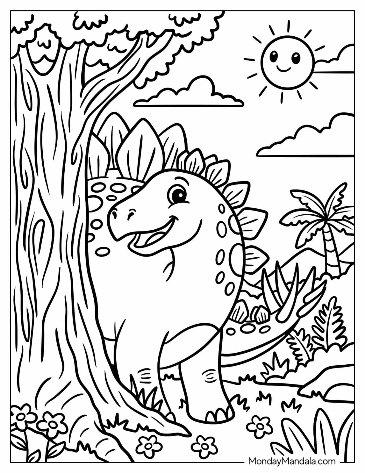 Stegosaurus Standing Beside a Tree in a Tropical Garden Coloring Page