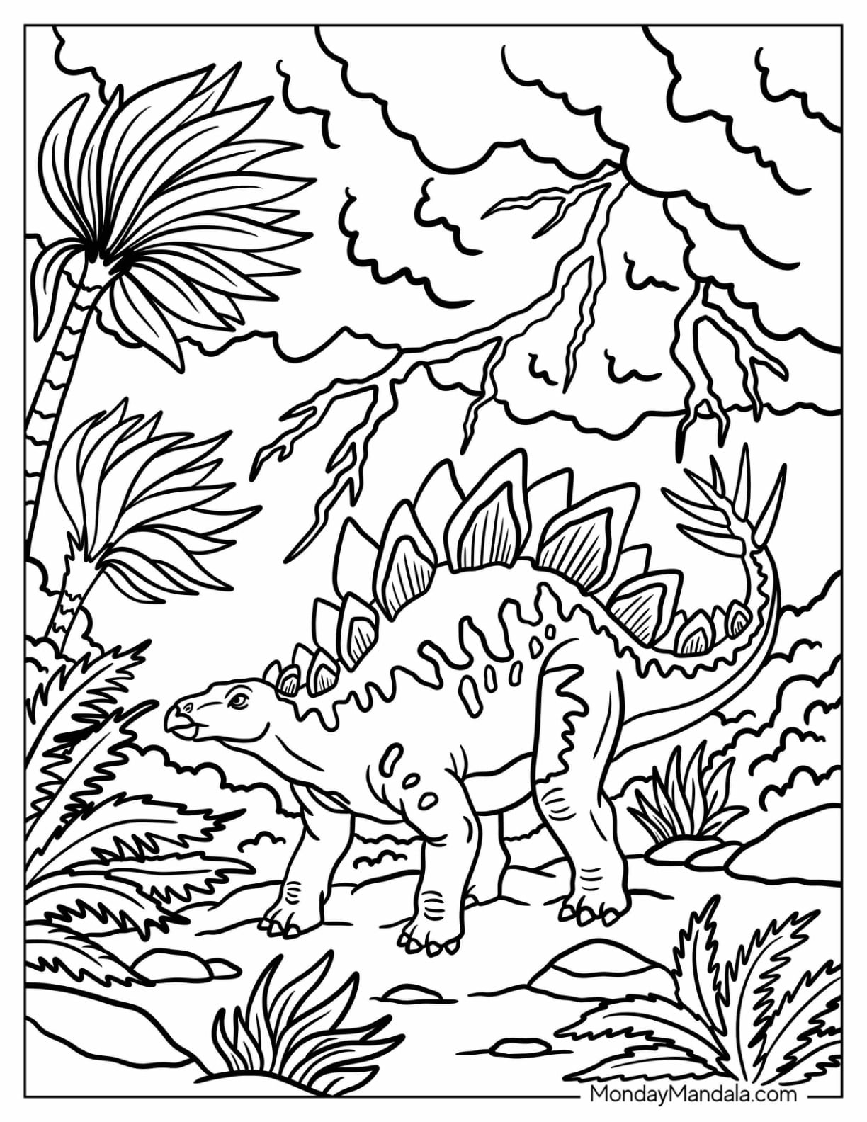 Stegosaurus Walking Through Ferns Near a Volcano Coloring Page