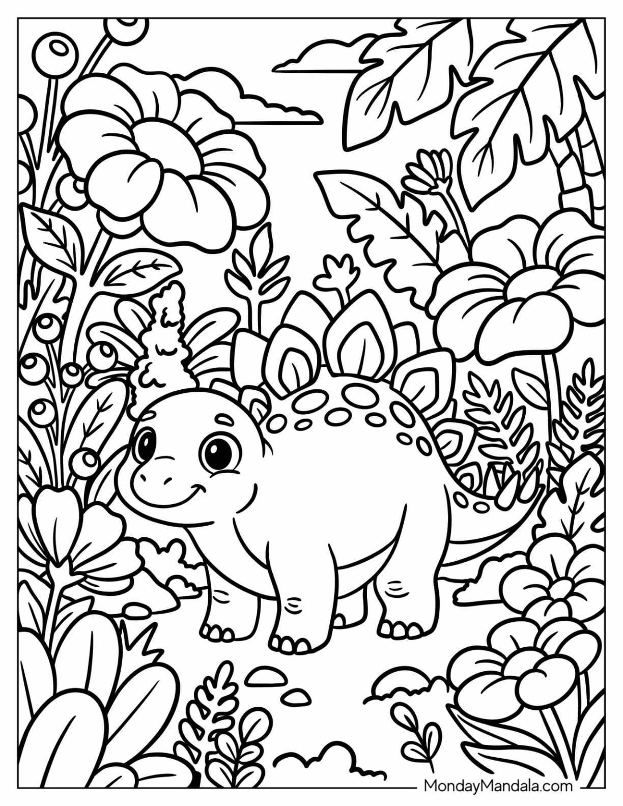 Stegosaurus Walking Through a Flower Garden Coloring Page