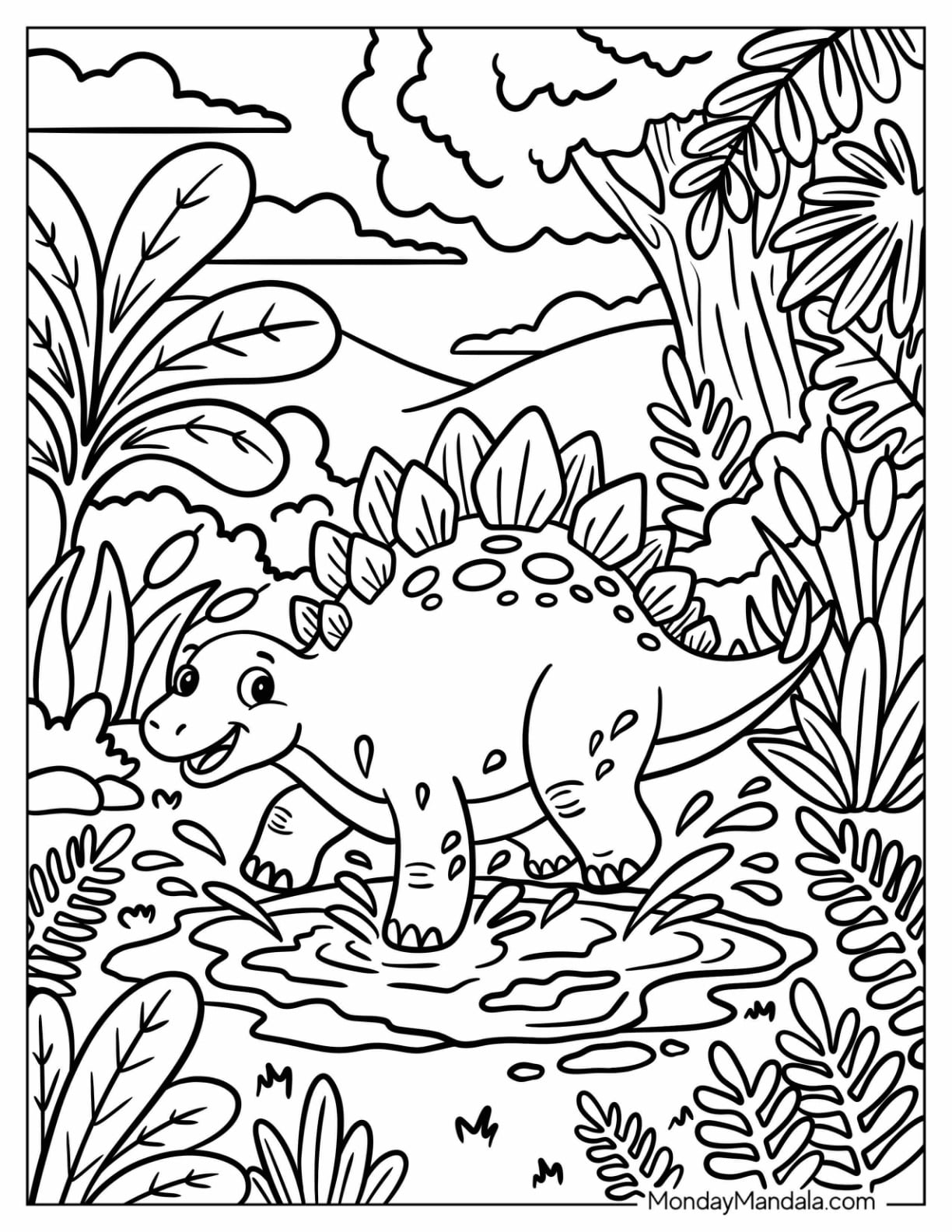 Stegosaurus Walking Through a Jungle Pond Coloring Sheet