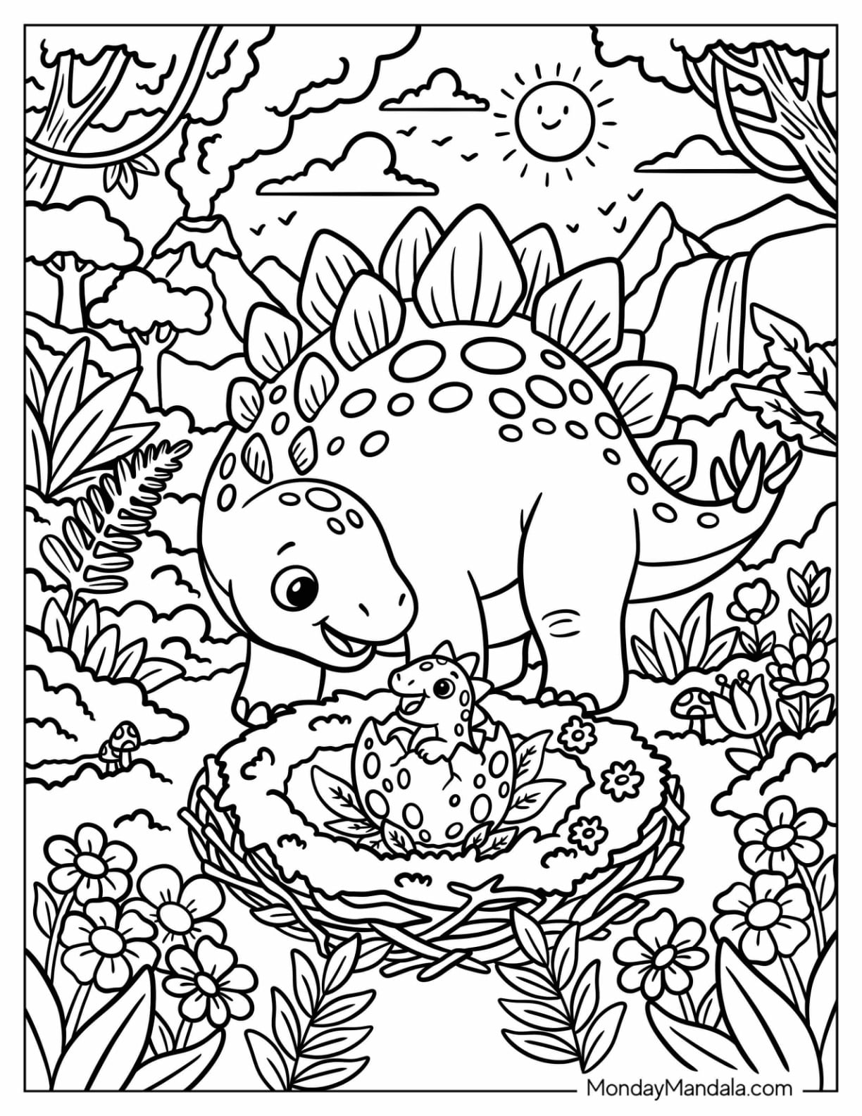 Stegosaurus with Baby Dinosaur Hatching from an Egg Coloring Page