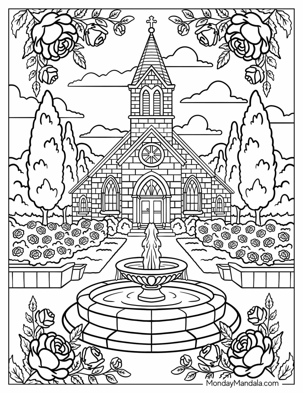 Stone Church Coloring Page with Garden Fountain and Rose Border