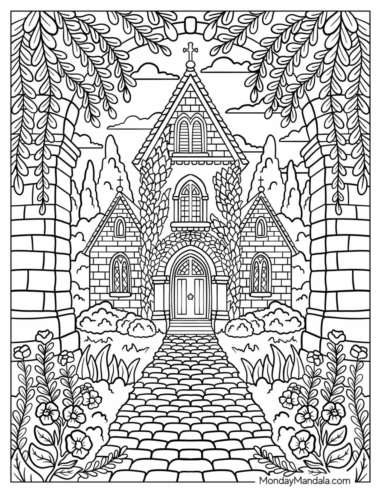 Stone Garden Church Coloring Page with Arched Entrance and Cobblestone Path