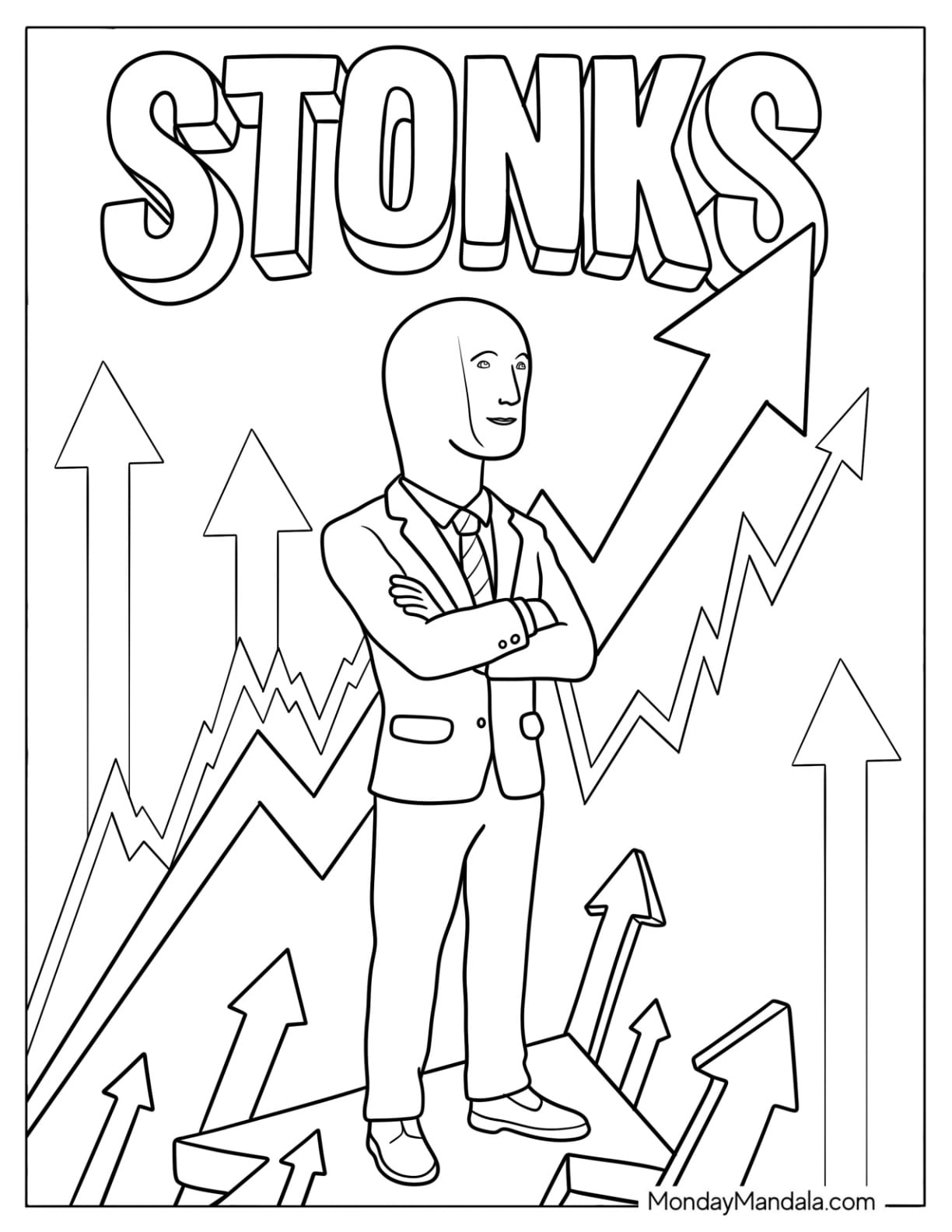 Stonks Meme Standing with Rising Arrows Coloring Sheet for Kids
