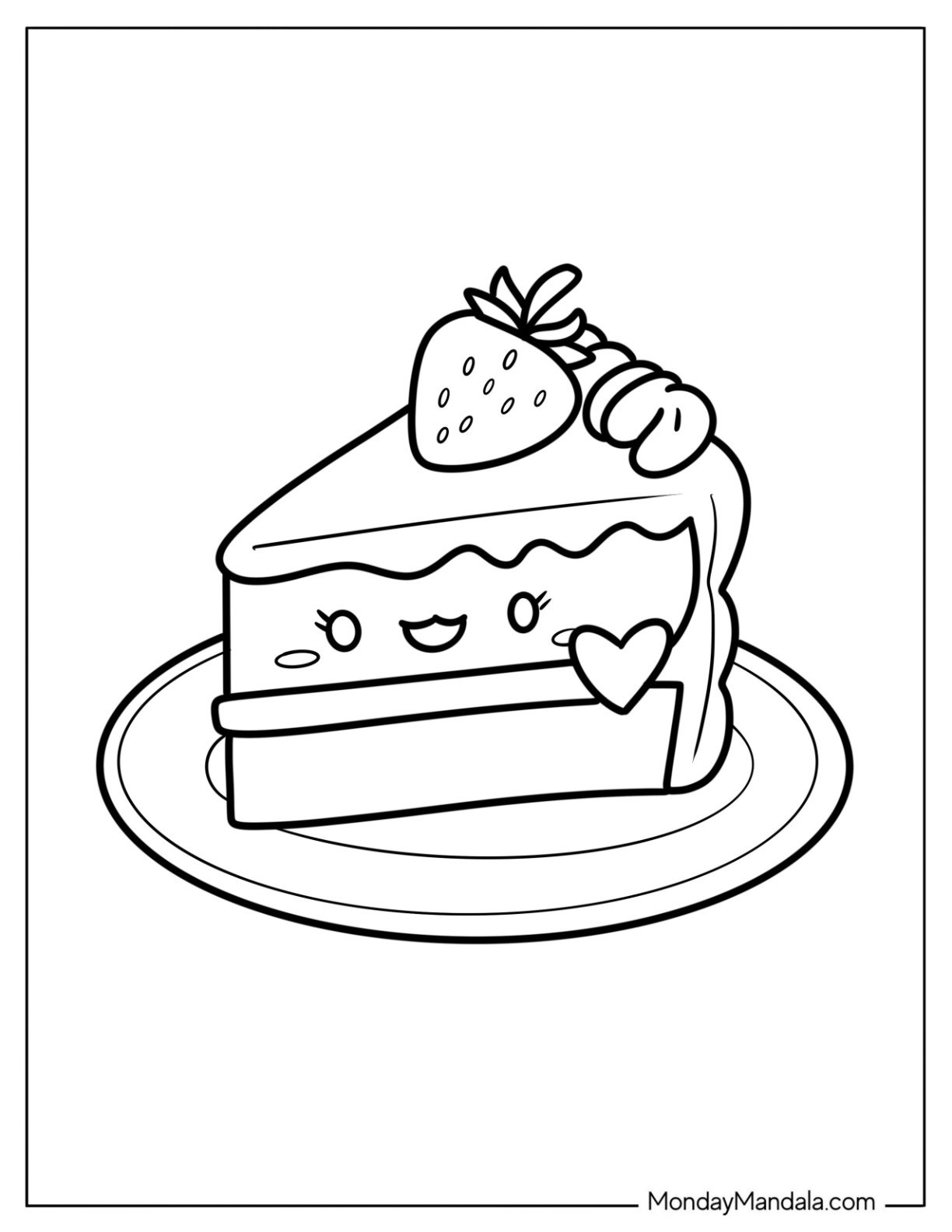 Strawberry Cake Coloring Page Slice on a Plate for Kids