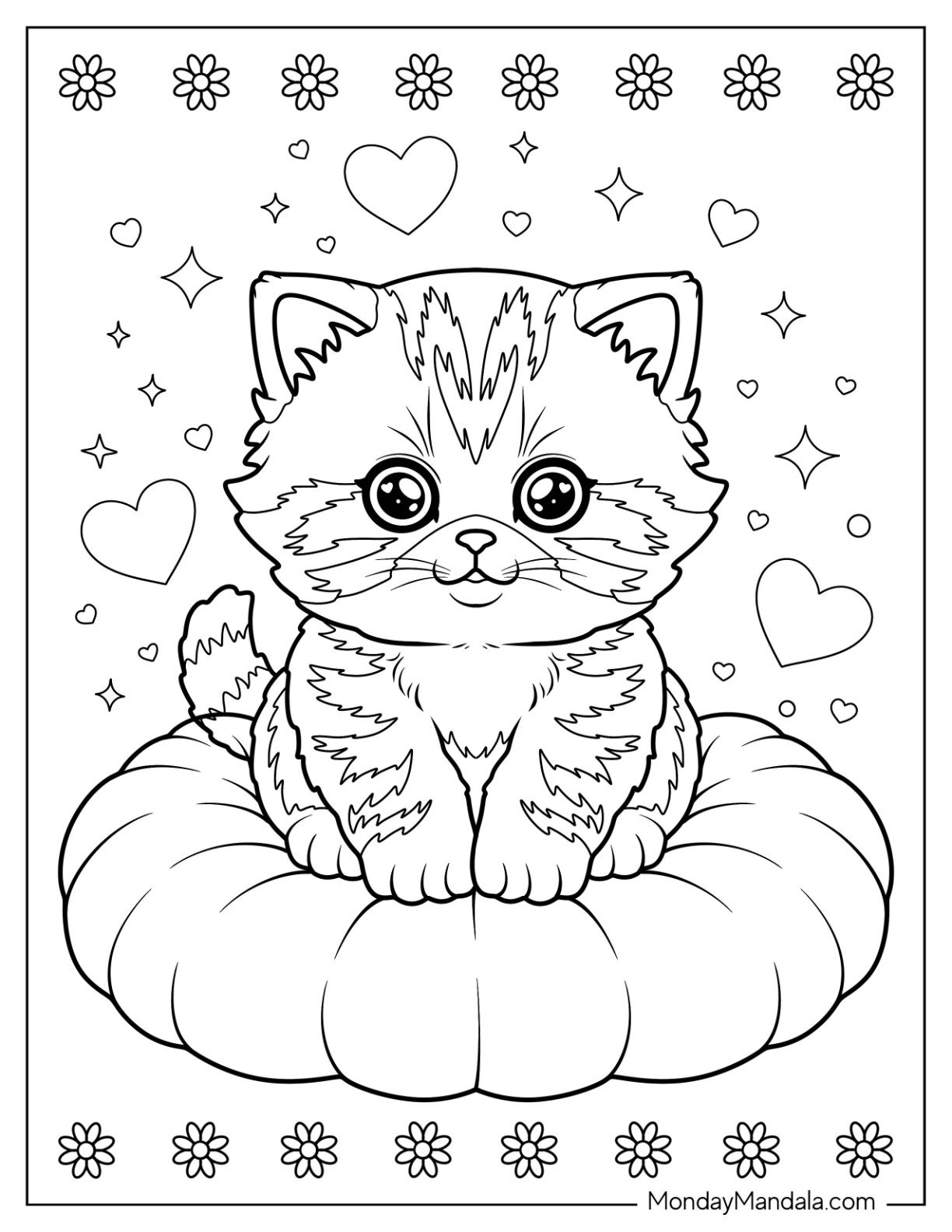 Striped Kitten Coloring Page Sitting on a Bed with Love Hearts and Sparkles