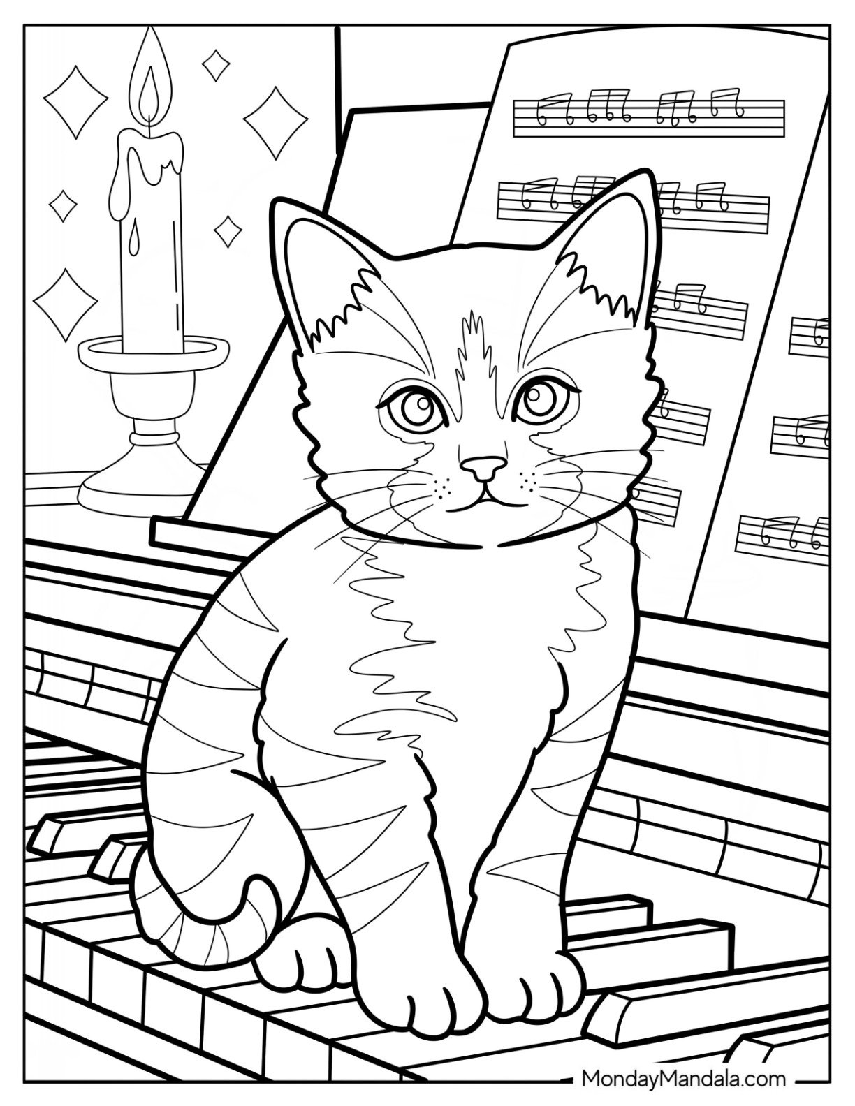 Striped Kitten Coloring Page Sitting on a Piano with Musical Sheet for Kids