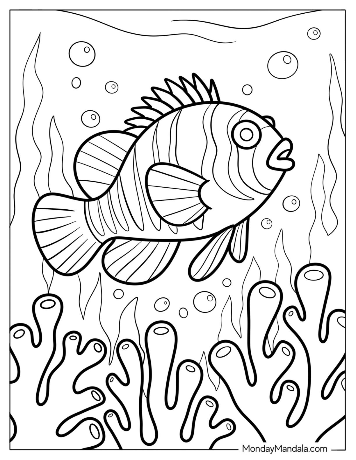 Fish Coloring Page of Striped Rockfish with Spiny Dorsal Fin in Ocean Scene