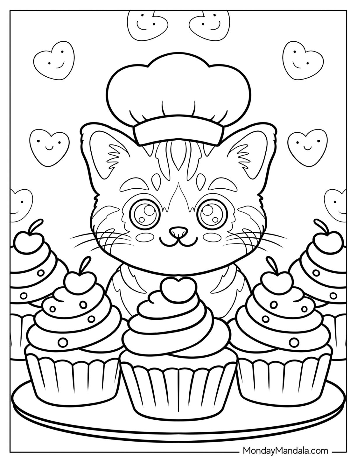 Striped Tabby Cat Coloring Page Smiling at Cupcakes with Cherries on Top for Kids