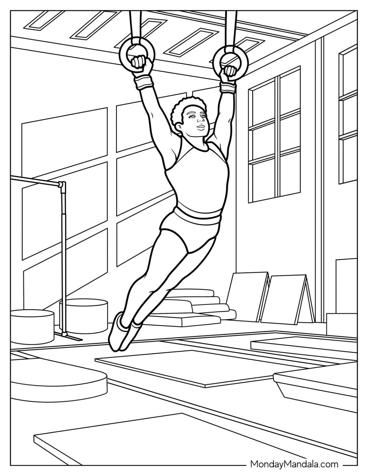 Gymnastics Coloring Page of Strong Gymnast Performing Ring Routine
