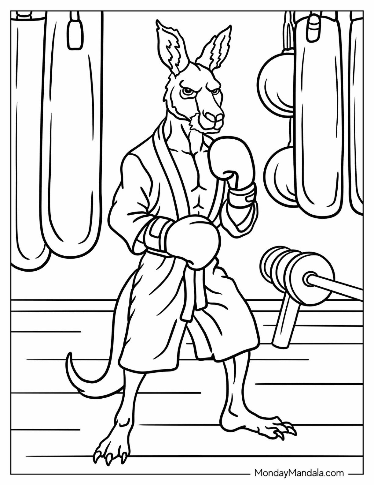 Strong Kangaroo Coloring Page Boxer Wearing Gloves in the Training Gym