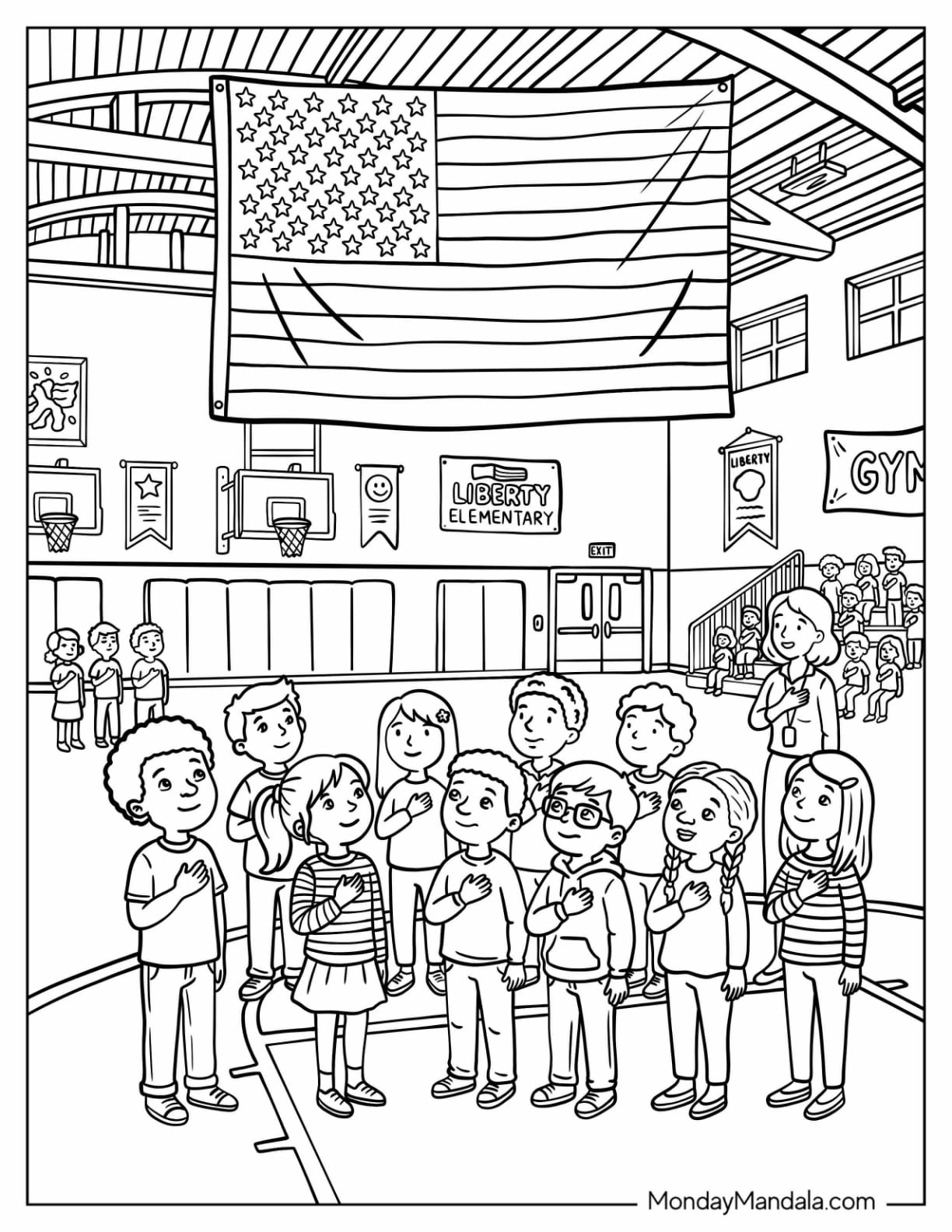 Students Reciting the Pledge Beneath an American Flag Coloring Sheet